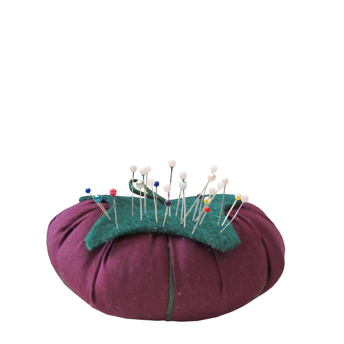 Green Top Burgundy Tomato Pincushion with pins