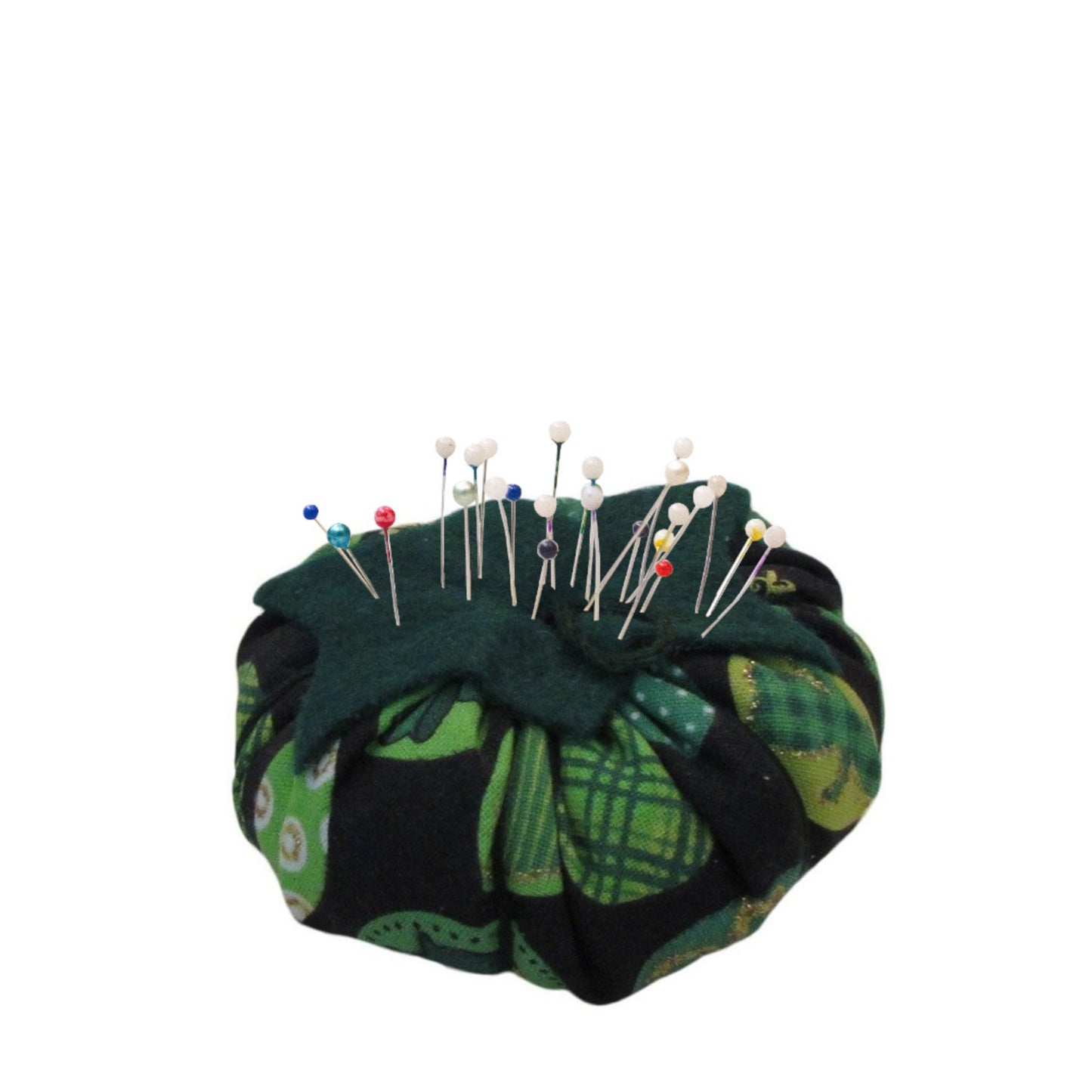 Green Top Clover Print Tomato Pincushion with pins