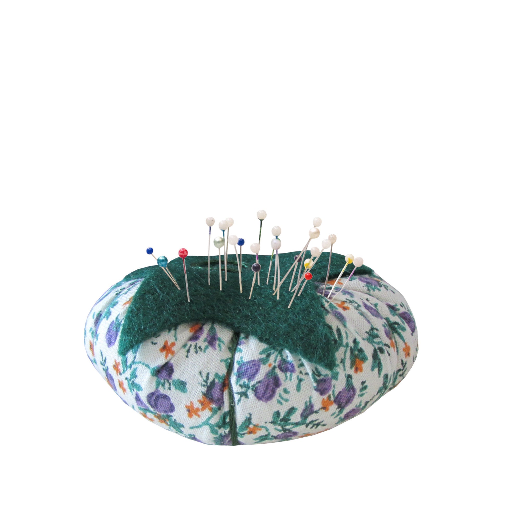 Green Top Purple, Orange, Green, and White Floral Print Tomato Pincushion with pins