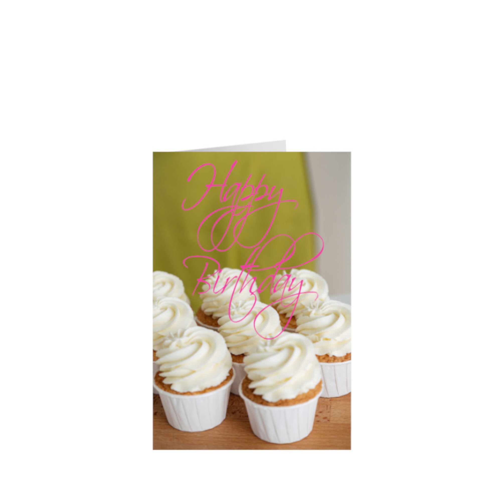 Happy Birthday 5.5 x 8.5 Standing Portrait Greeting Card with White Cupcakes