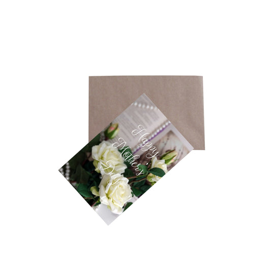 Happy Mother's Day 5.5 x 8.5 Greeting Card with Pearls and Flowers Front with Brown Kraft Envelope