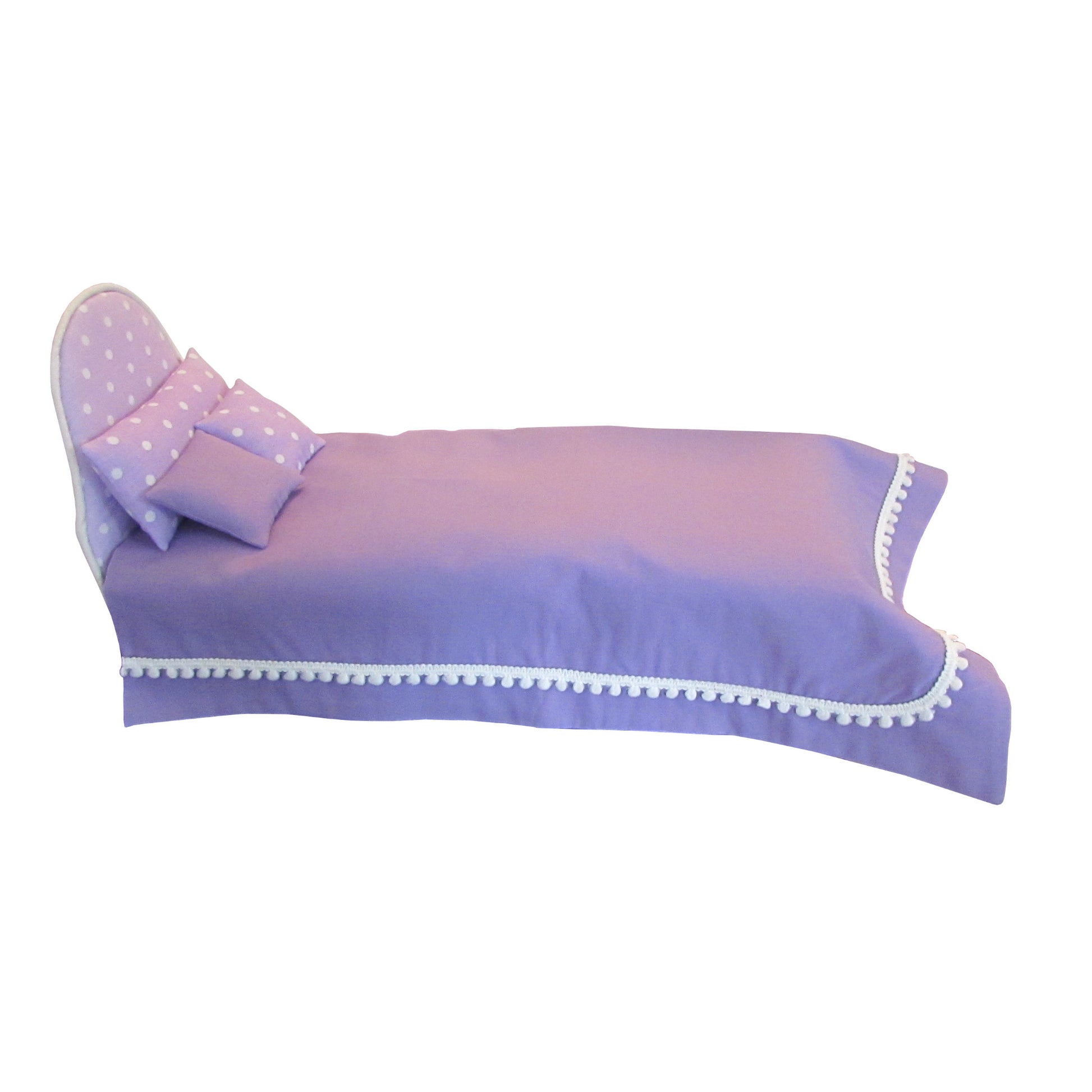 Lavender Dots Doll Headboard and Lavender Doll Bedding 11.5-inch and 12-inch dolls