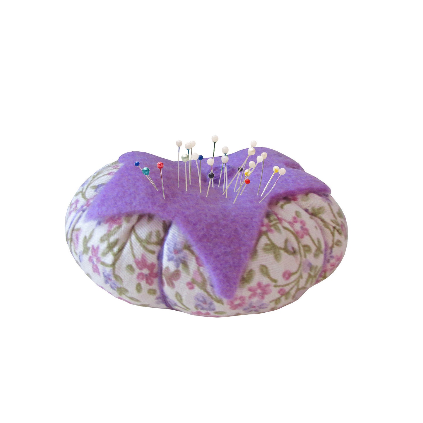 Lavender Top Floral Print Tomato Pincushion with pins