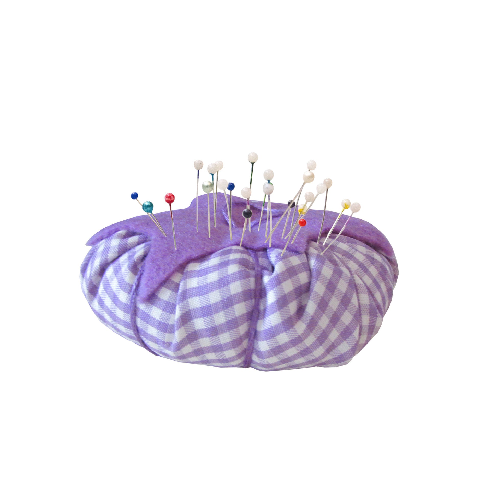 Lavender Top Gingham Print Tomato Pincushion with pins