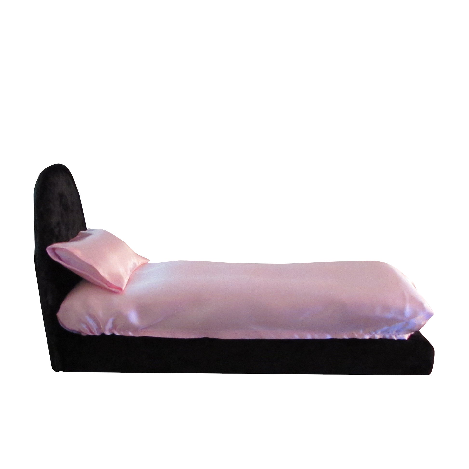 Light Pink Satin Fitted Sheet and Pillowcase with Black Crushed Velvet Doll Bed for 11.5-inch and 12-inch dolls Side view