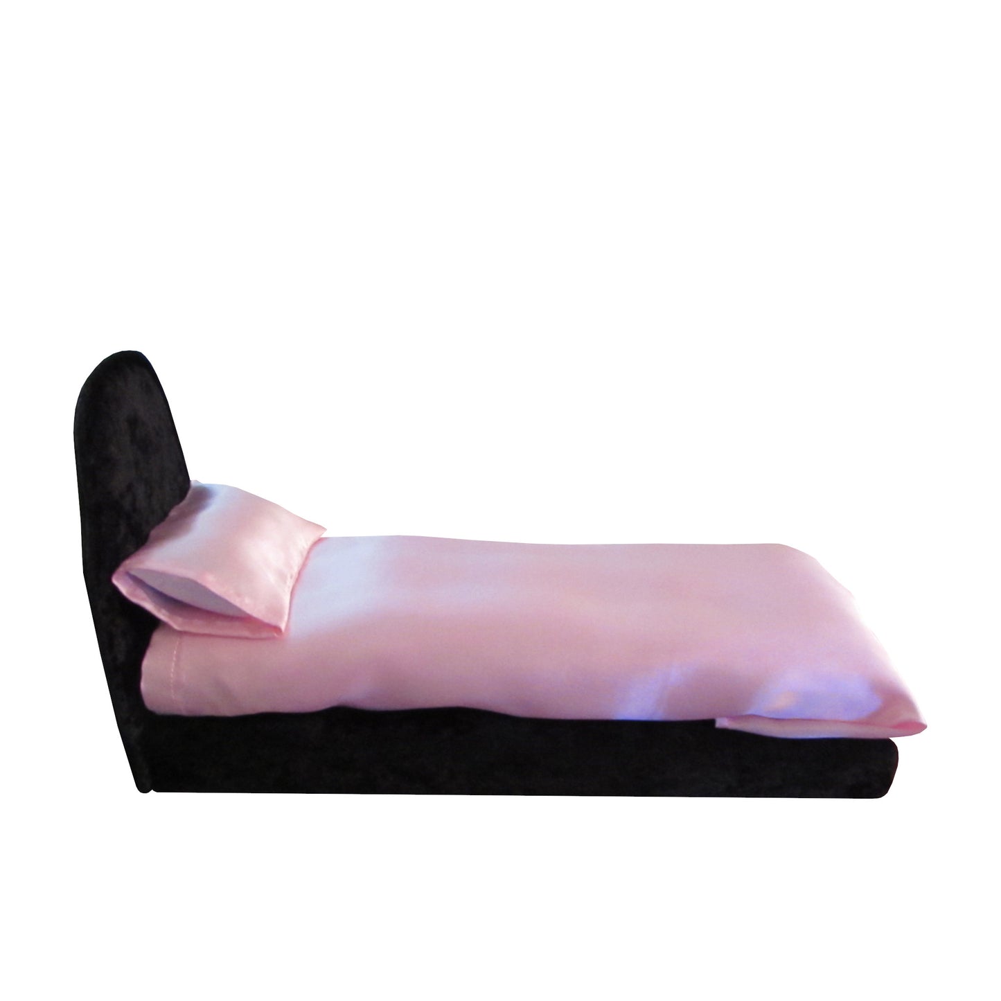 Light Pink Satin Fitted, Flat Sheet, and Pillowcase with Black Crushed Velvet Doll Bed for 11.5-inch and 12-inch dolls Side view