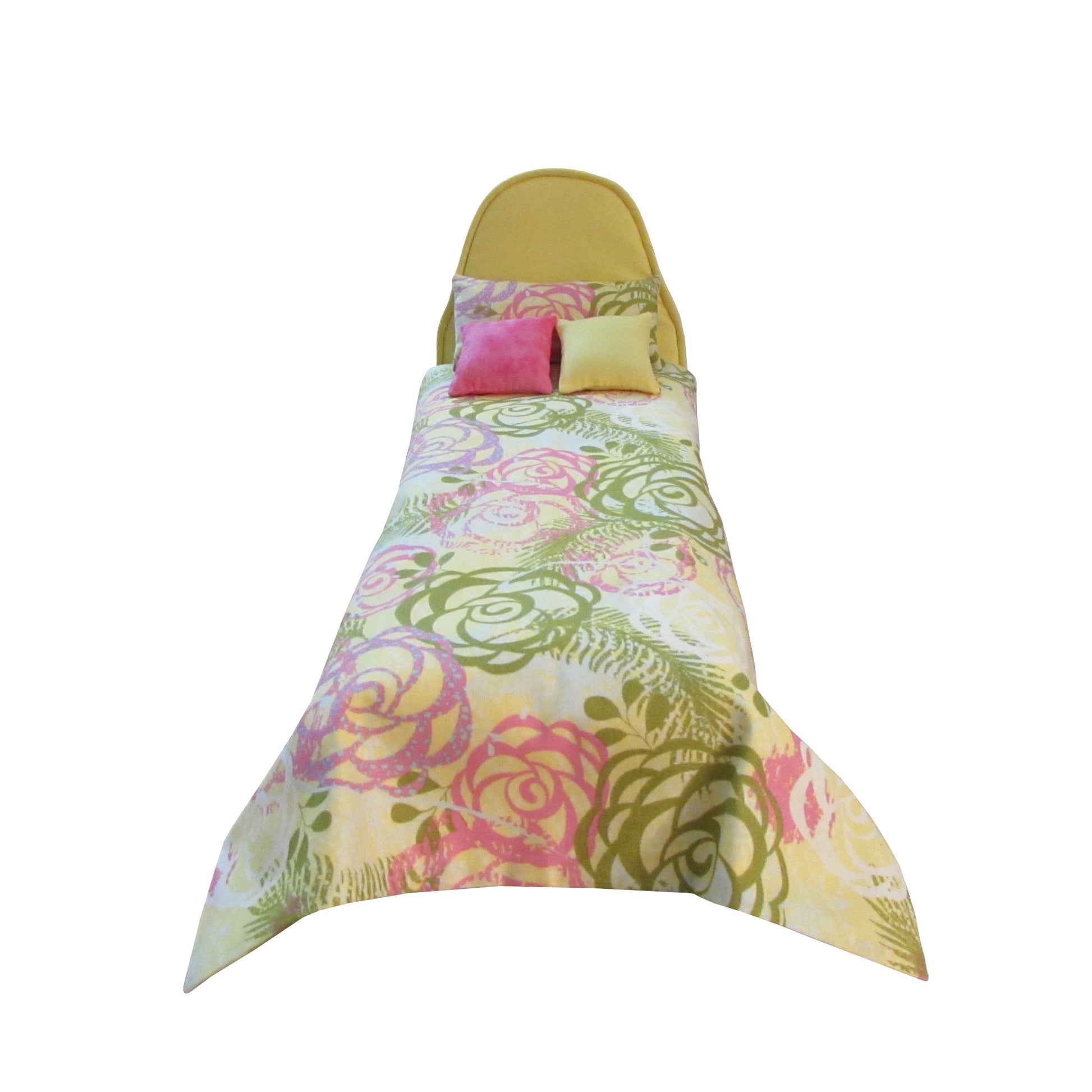 Light Yellow Doll Bed and Floral Bedding for 11.5-inch and 12-inch dolls Front view