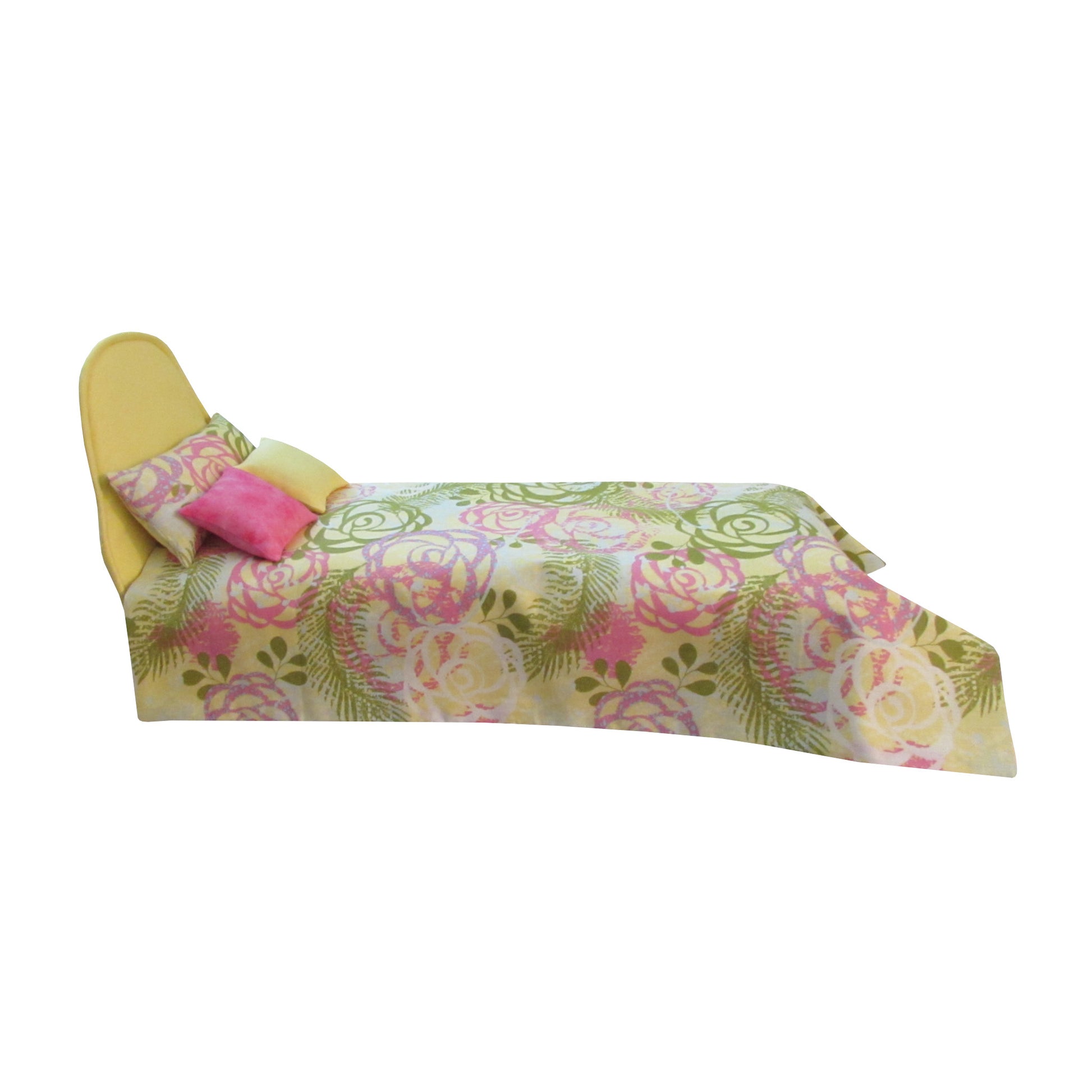 Light Yellow Doll Bed and Floral Bedding for 11.5-inch and 12-inch dolls Side view
