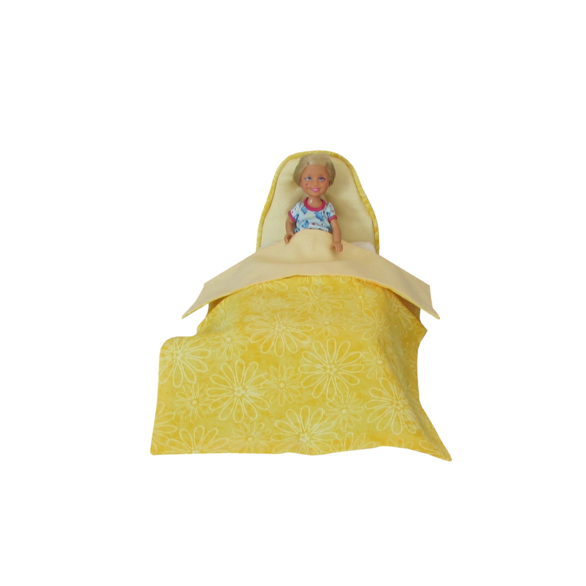 Light Yellow Doll Bed and Floral Bedding for 6.5-inch dolls with doll