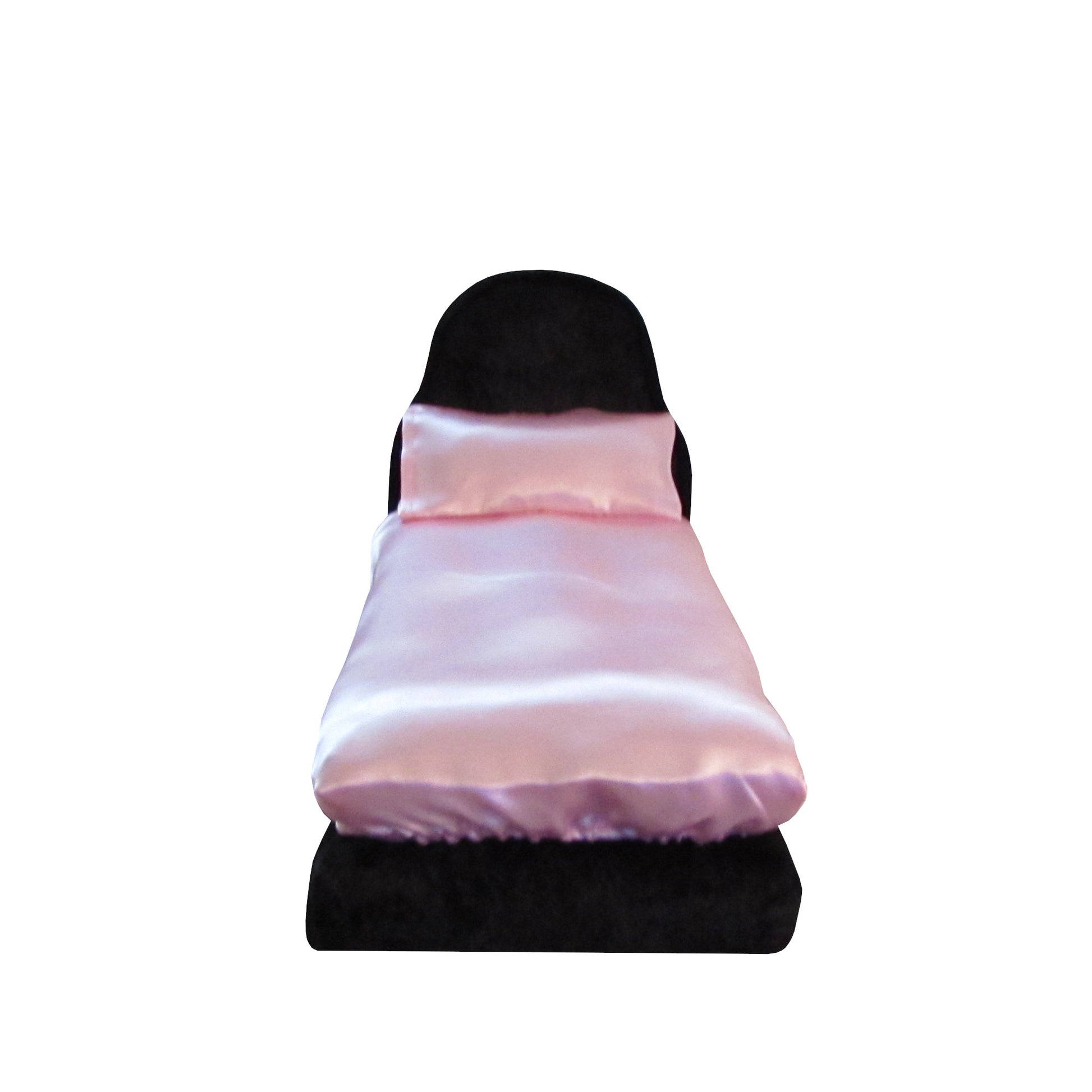 Light Pink Satin Fitted Sheet and Pillowcase with Black Crushed Velvet Doll Bed for 11.5-inch and 12-inch dolls Front view