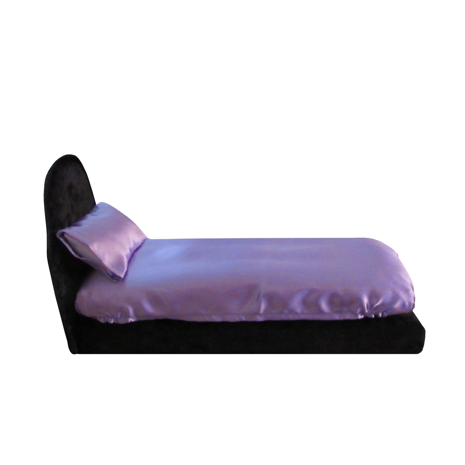 Lilac Satin Fitted Sheet and Pillowcase with Black Crushed Velvet Doll Bed for 11.5-inch and 12-inch dolls