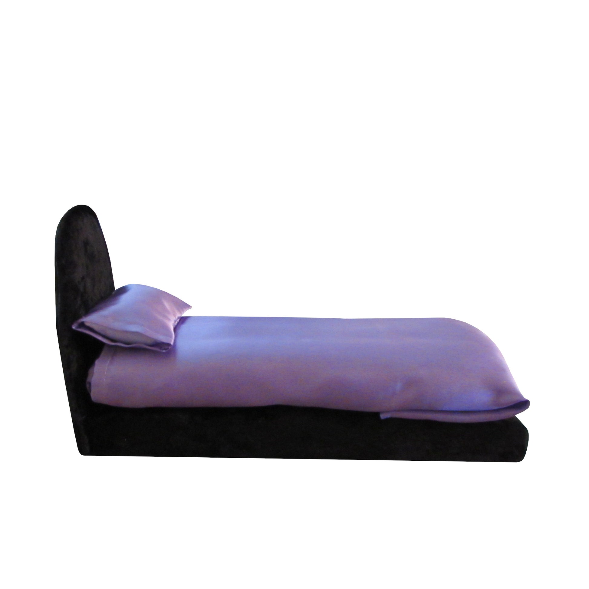 Lilac Satin Fitted, Flat Sheet, and Pillowcase with Black Crushed Velvet Doll Bed for 11.5-inch and 12-inch dolls Side view
