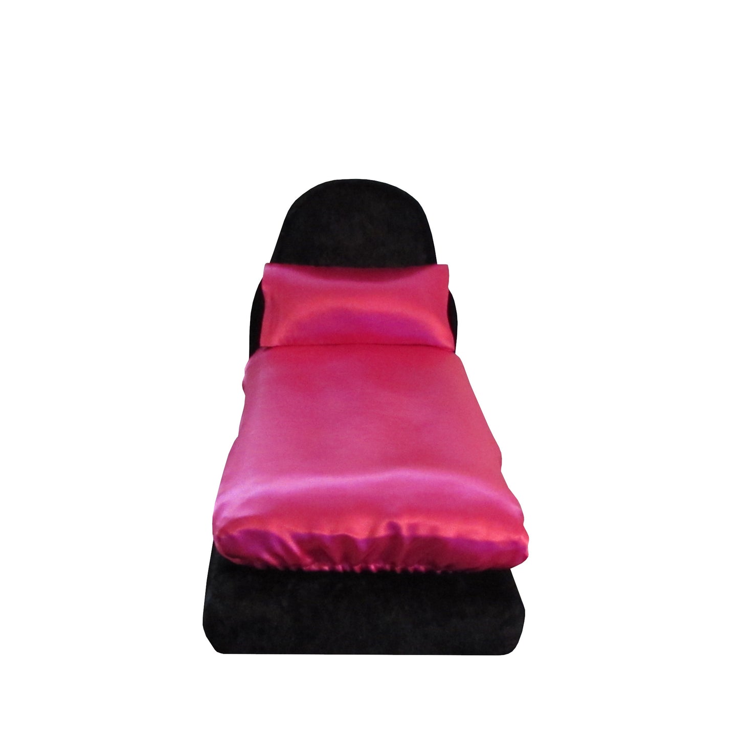 Magenta Satin Fitted Sheet and Pillowcase with Black Crushed Velvet Doll Bed for 11.5-inch and 12-inch dolls Front view
