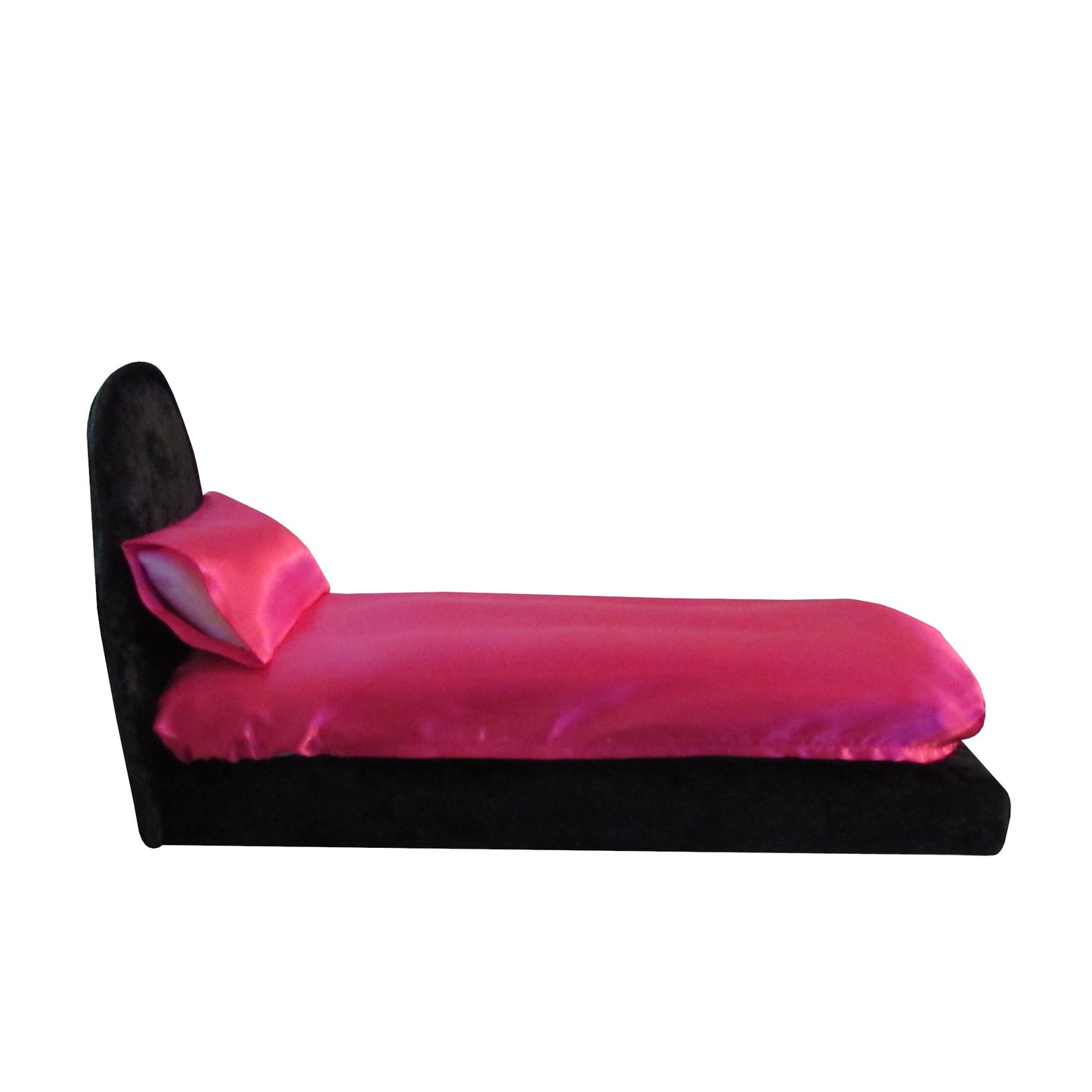 Magenta Satin Fitted Sheet and Pillowcase with Black Crushed Velvet Doll Bed for 11.5-inch and 12-inch dolls Side view