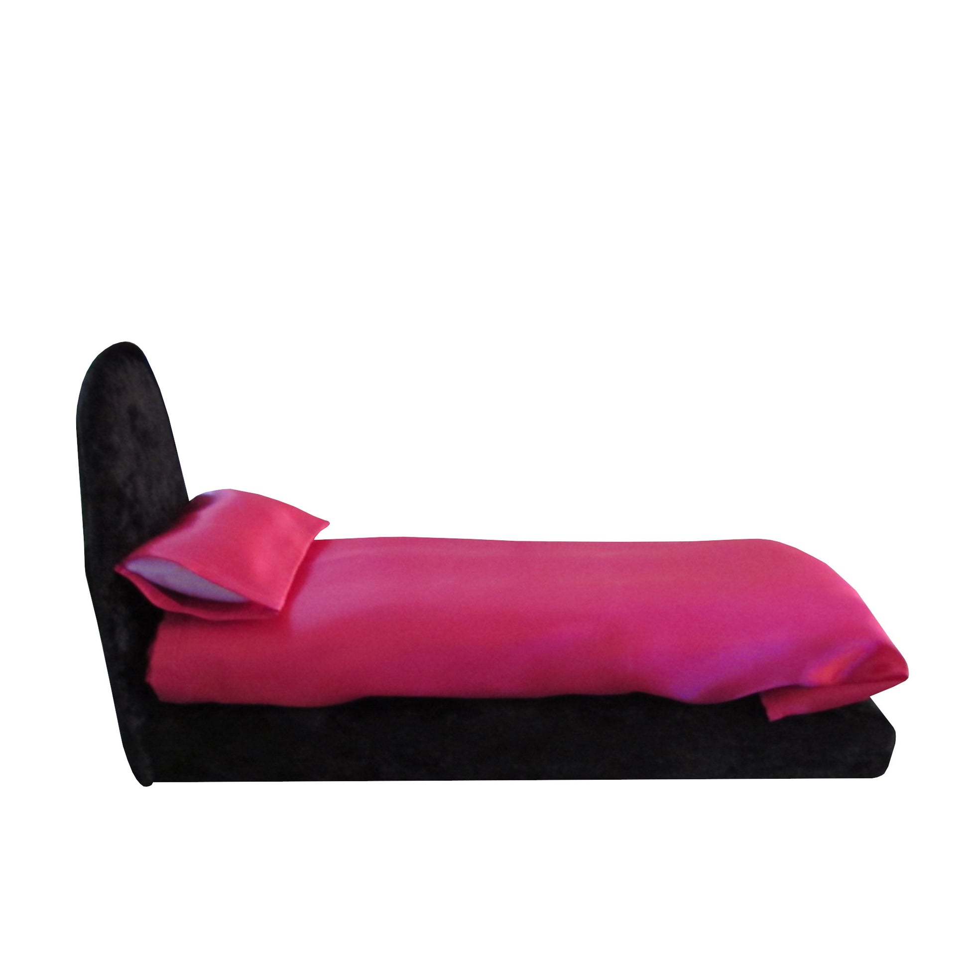Magenta Satin Fitted, Flat Sheet, and Pillowcase with Black Crushed Velvet Doll Bed for 11.5-inch and 12-inch dolls Side view