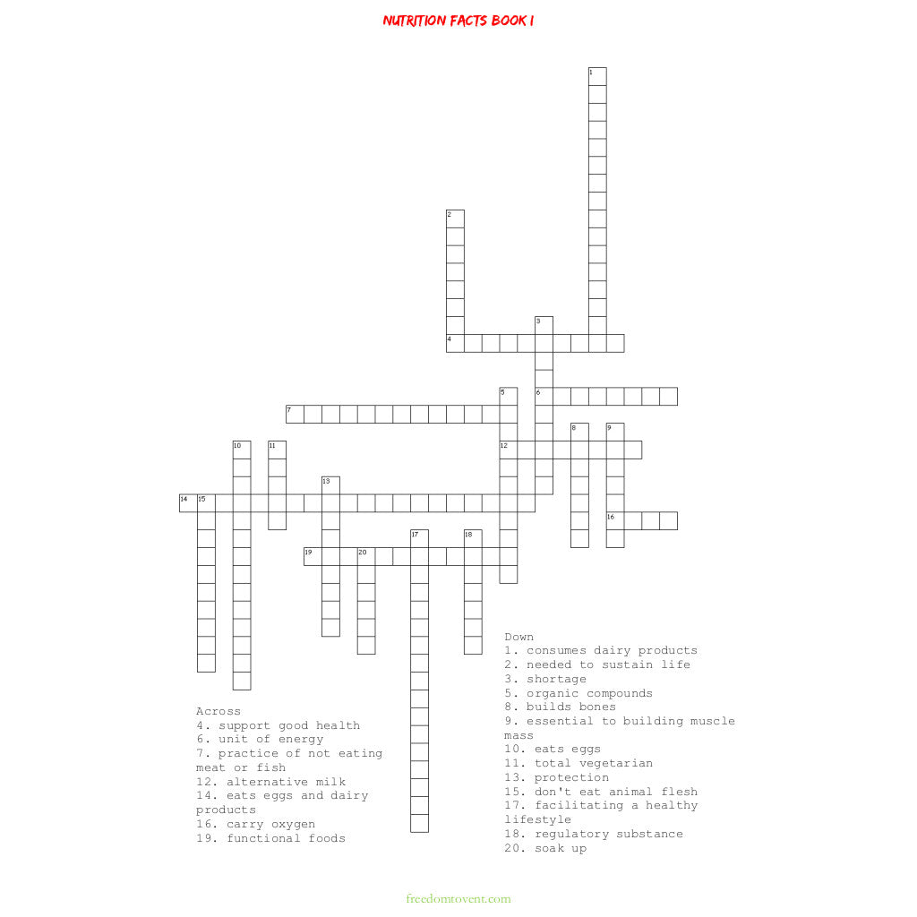 Nutrition Facts Book I Crossword Puzzle