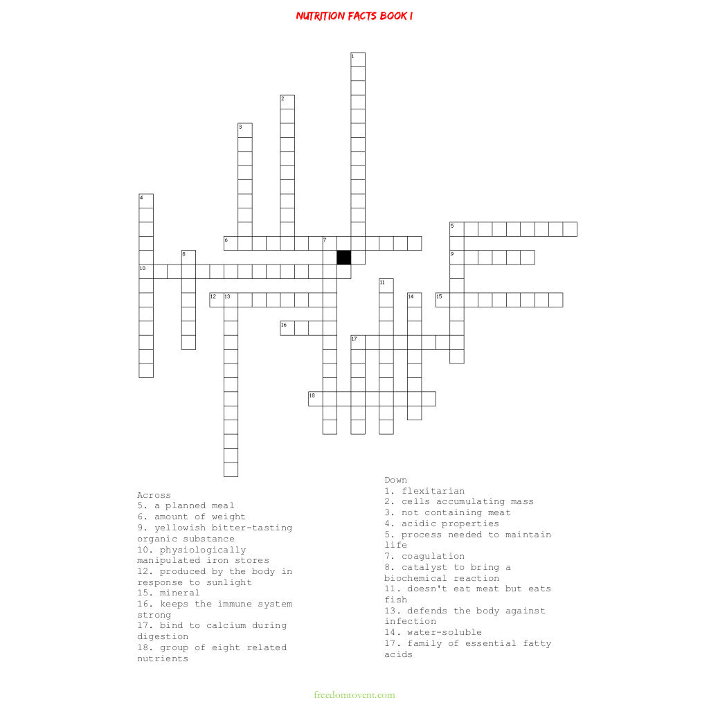 Nutrition Facts Book I Crossword Puzzle