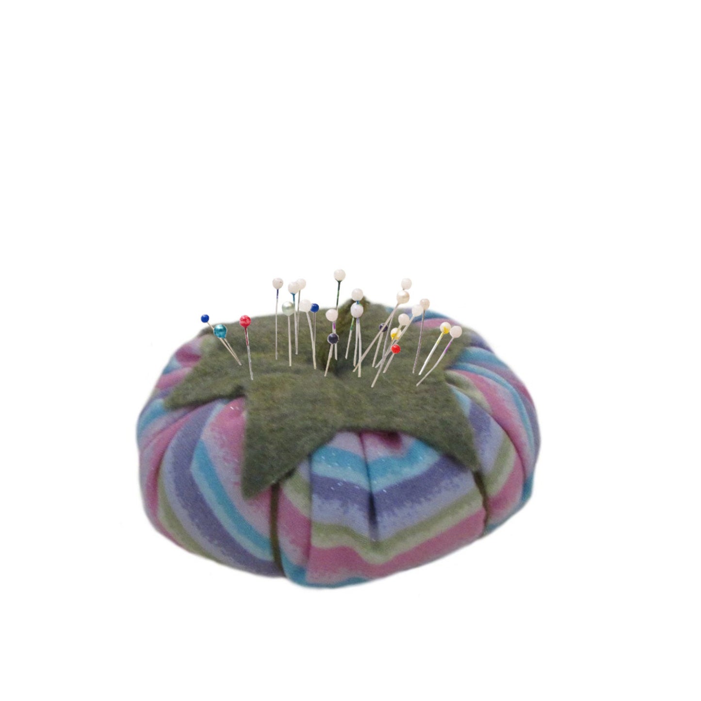 Olive Green Top Pastel Stripes Tomato Pincushion with pins