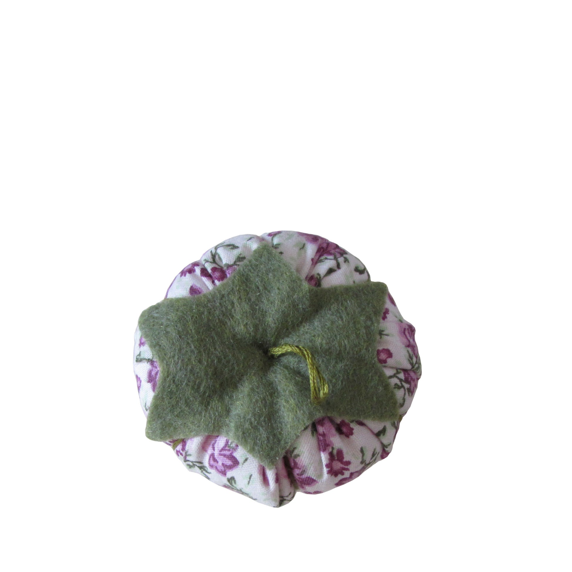 Olive Green Top Pink Floral Tomato Pincushion top view