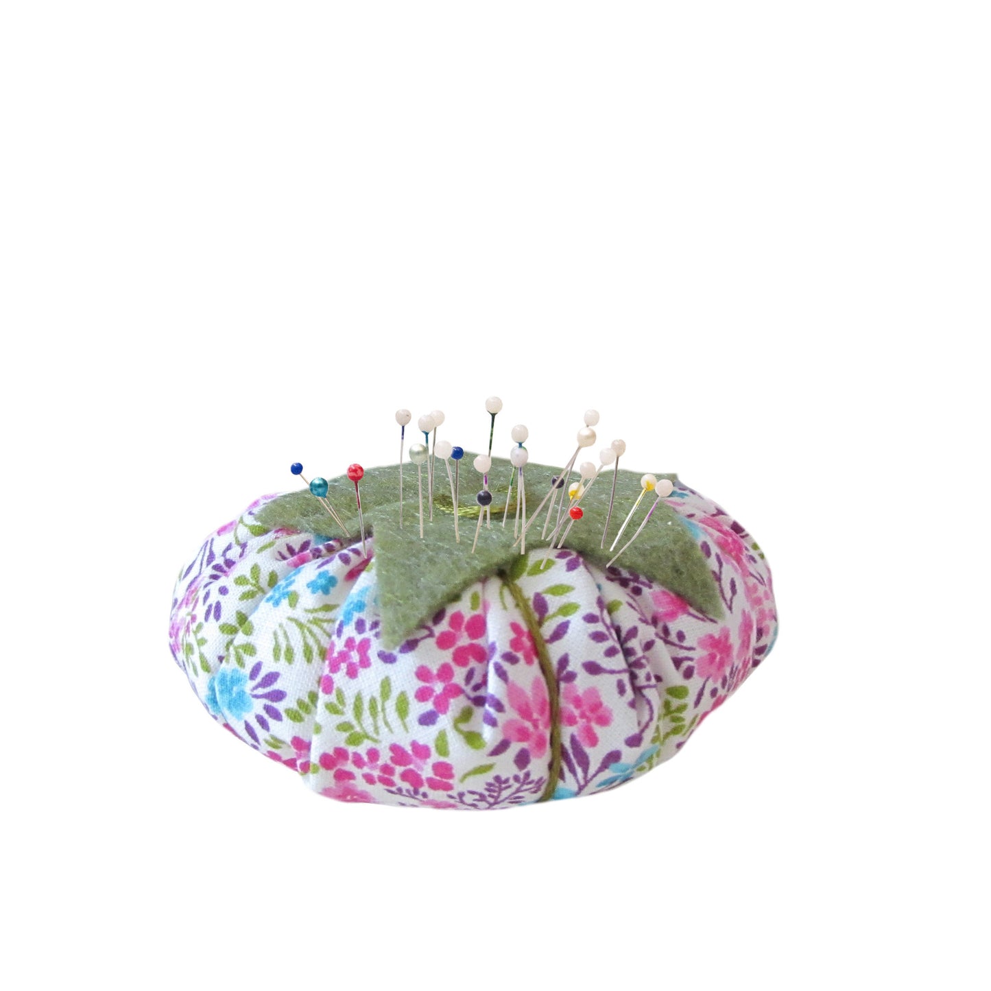 Olive Green Top Pink, Turquoise, and Purple Floral Tomato Pincushion with pins