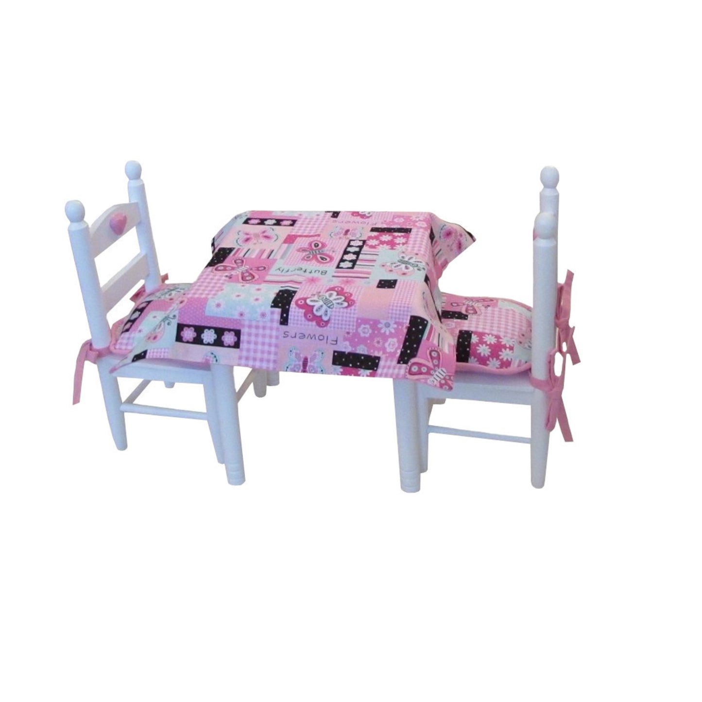 Pink Butterfly Print Doll Tablecloth and Doll Cair Cushions for 18-inch dolls