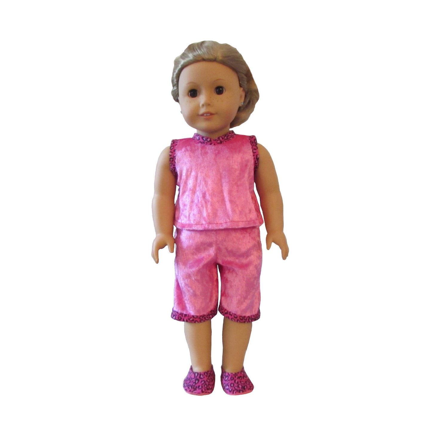 Pink Cheetah Trimmed Panne Velvet Doll Pajama Top, Shorts, and Slippers for 18-inch dolls