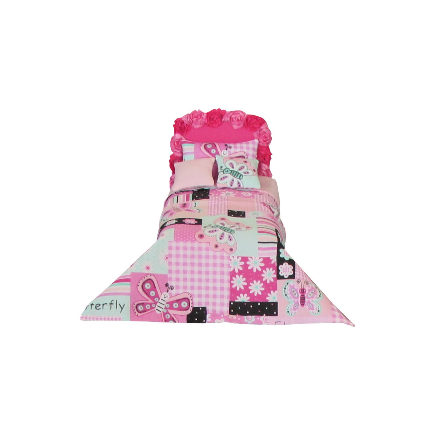 Pink Floral Doll Bed with Patchwork Bedding for 6.5-inch dolls Second view