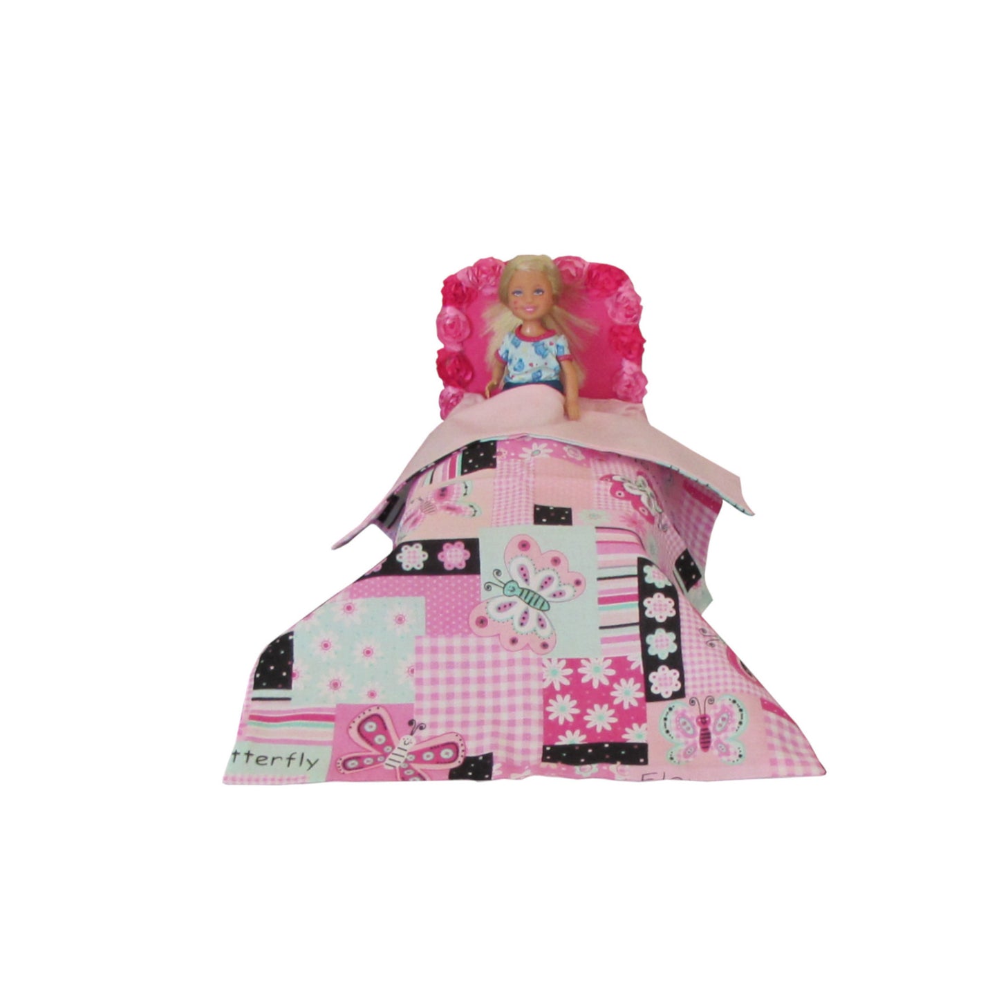 Pink Floral Doll Bed with Patchwork Bedding for 6.5-inch dolls with doll