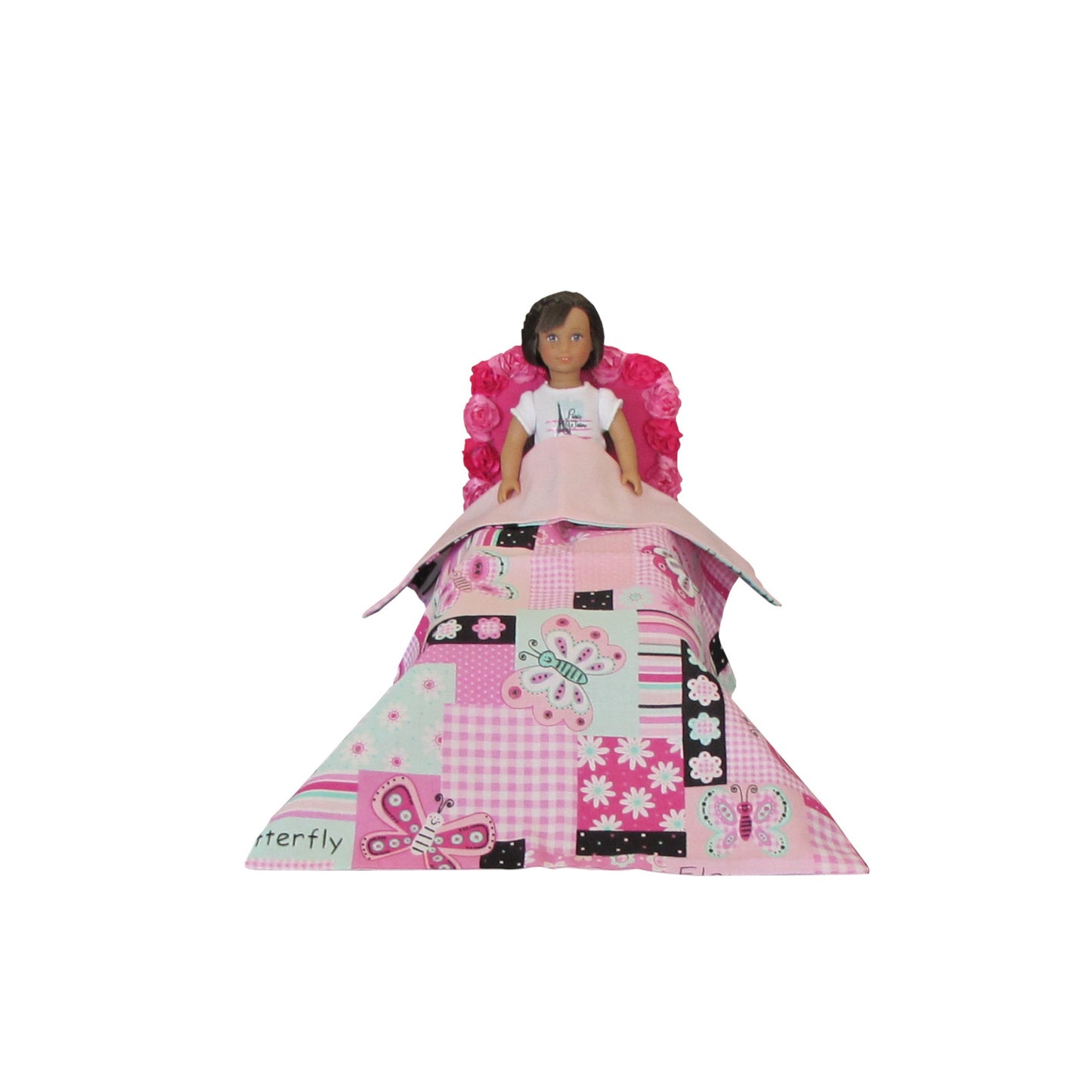 Pink Floral Doll Bed with Patchwork Bedding for 6.5inch dolls with doll Second view