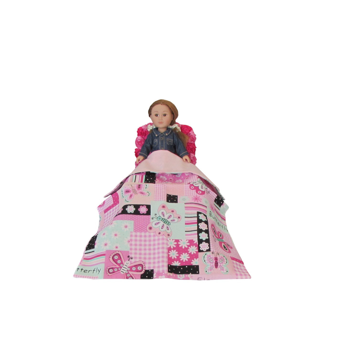 Pink Floral Doll Bed with Patchwork Bedding for 6.5-inch dolls with doll Third view