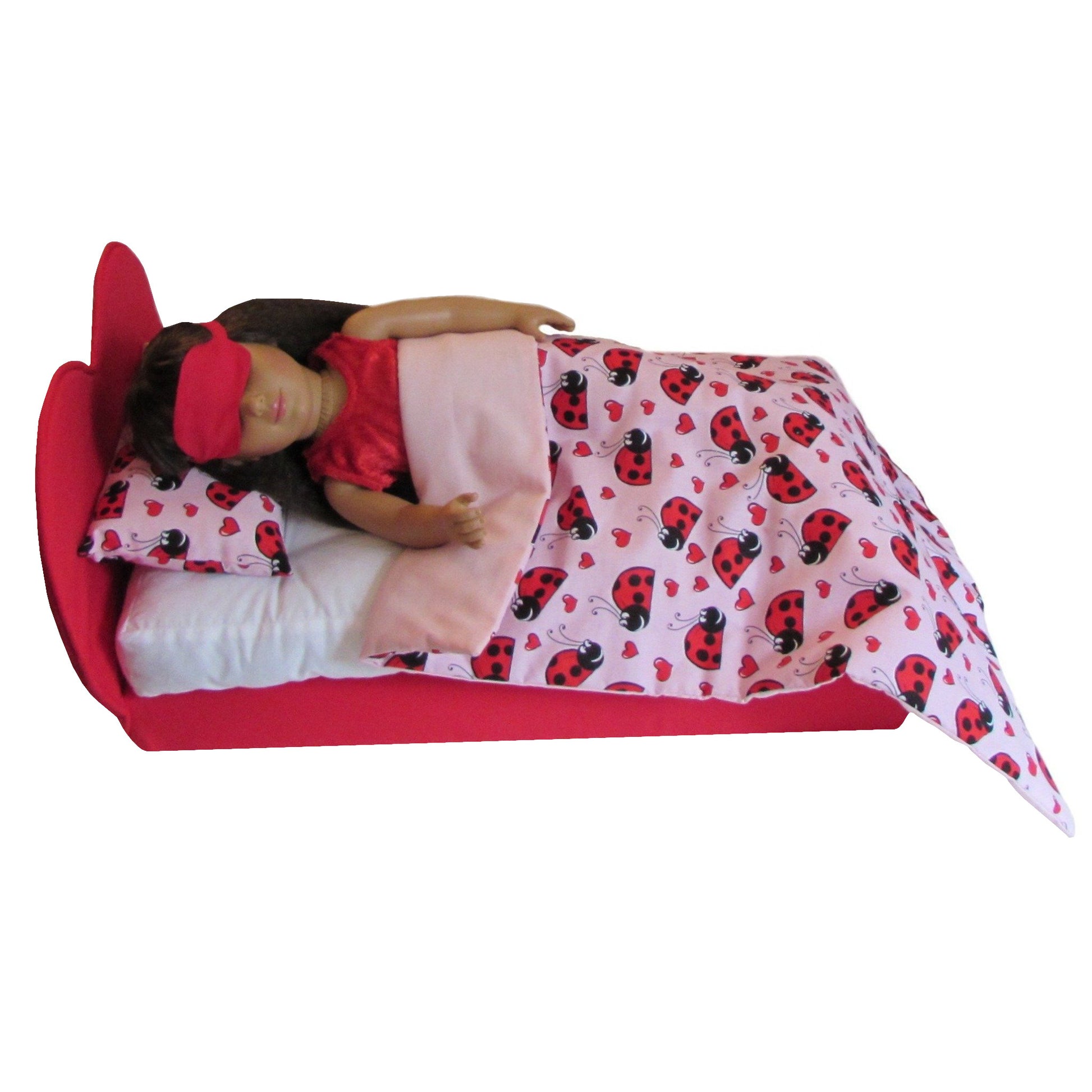 Pink Ladybug Hearts Doll Comforter Set, Red Heart Upholstered Doll Bed, Doll, and red eye mask for 18-inch dolls