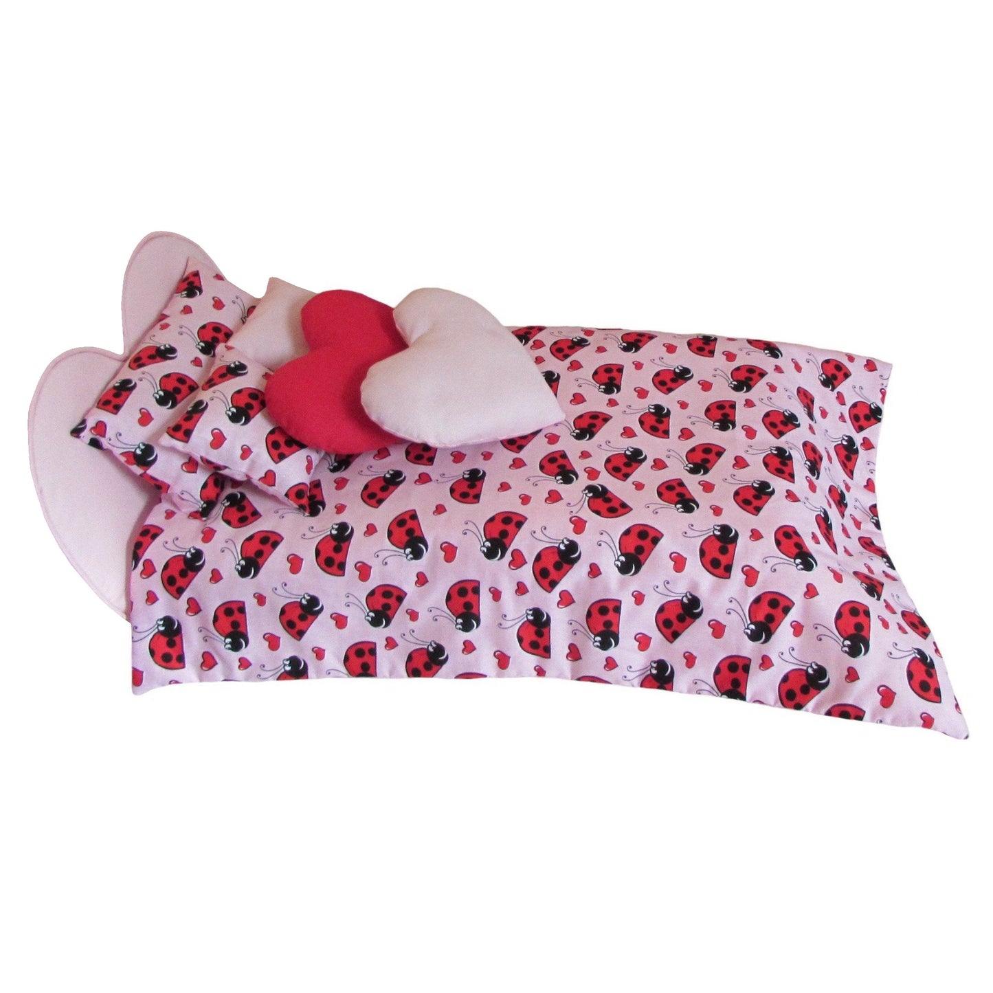 Pink Ladybug Hearts Doll Comforter Set and Pink Heart Upholstered Doll Bed for 18-inch dolls