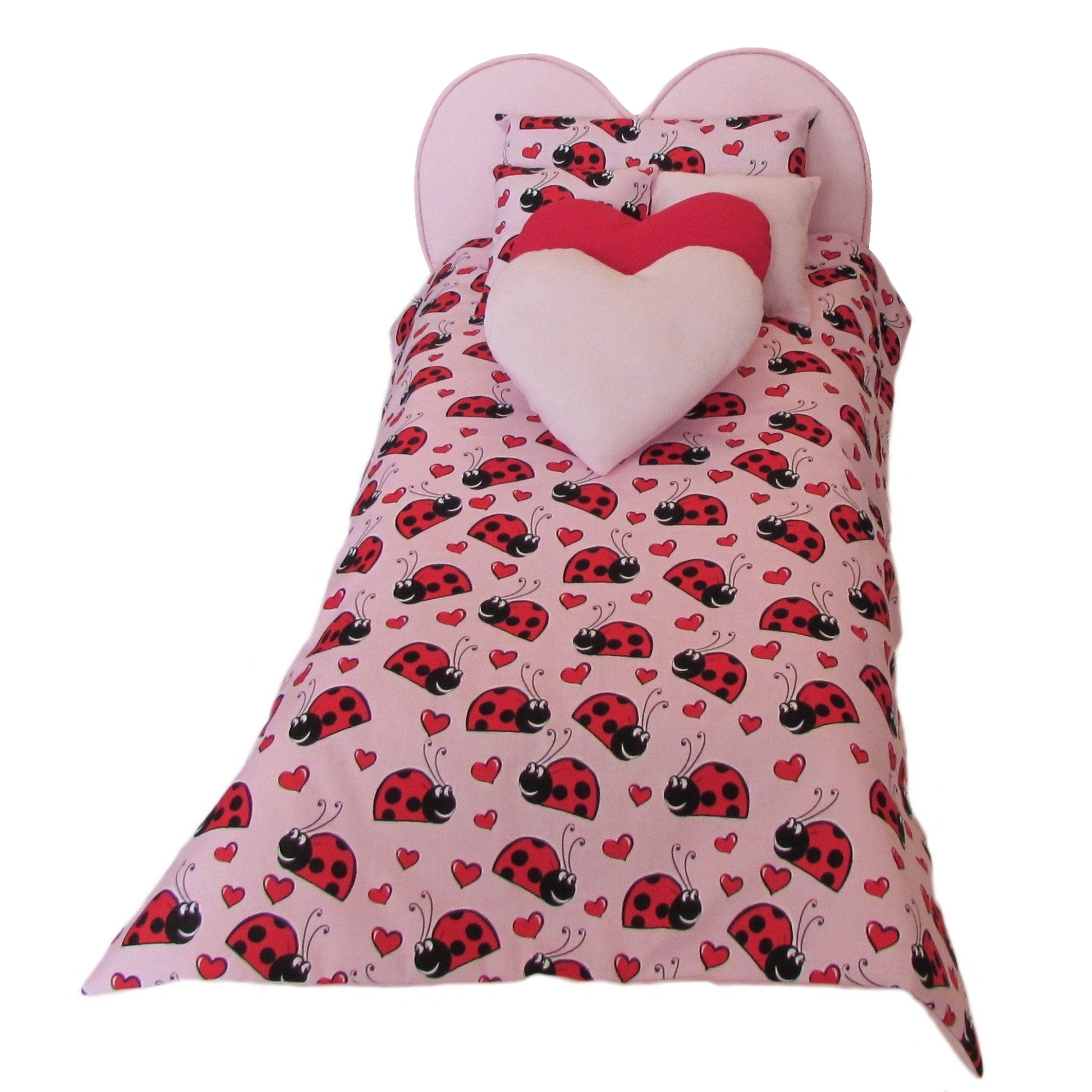 Pink Ladybug Hearts Doll Comforter Set and Pink Heart Upholstered Doll Bed for 18-inch dolls Second view