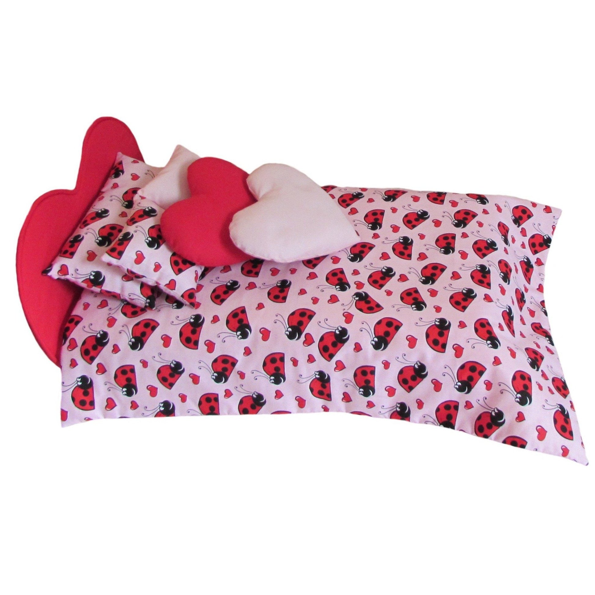 Pink Ladybug Hearts Doll Comforter Set and Red Heart Doll Bed for 18-inch dolls