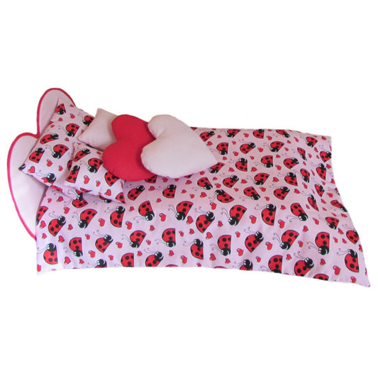 Pink Ladybug Heart Doll Comforter Set and Red Trimmed Pink Heart Upholstered Bed for 18-inch dolls