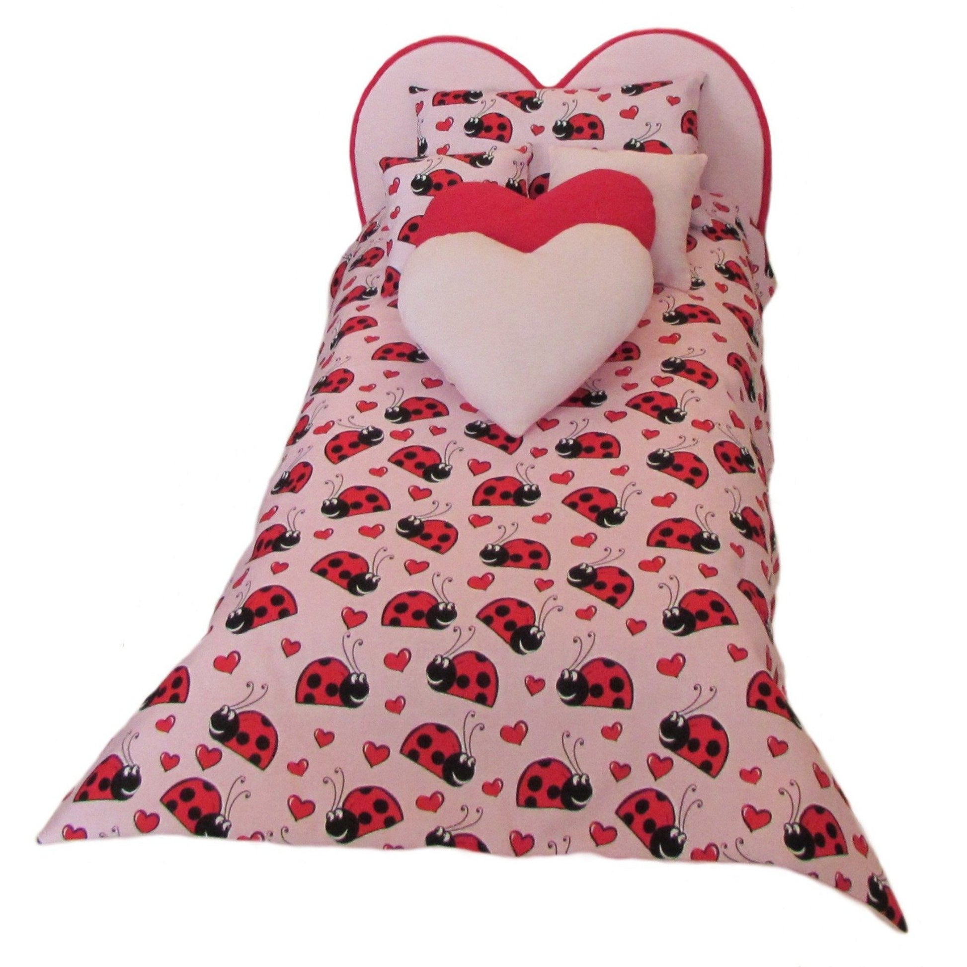 Pink Ladybug Hearts Doll Comforter Set and Red Trimmed Pink Heart Upholstered Bed for 18-inhc dolls Second view