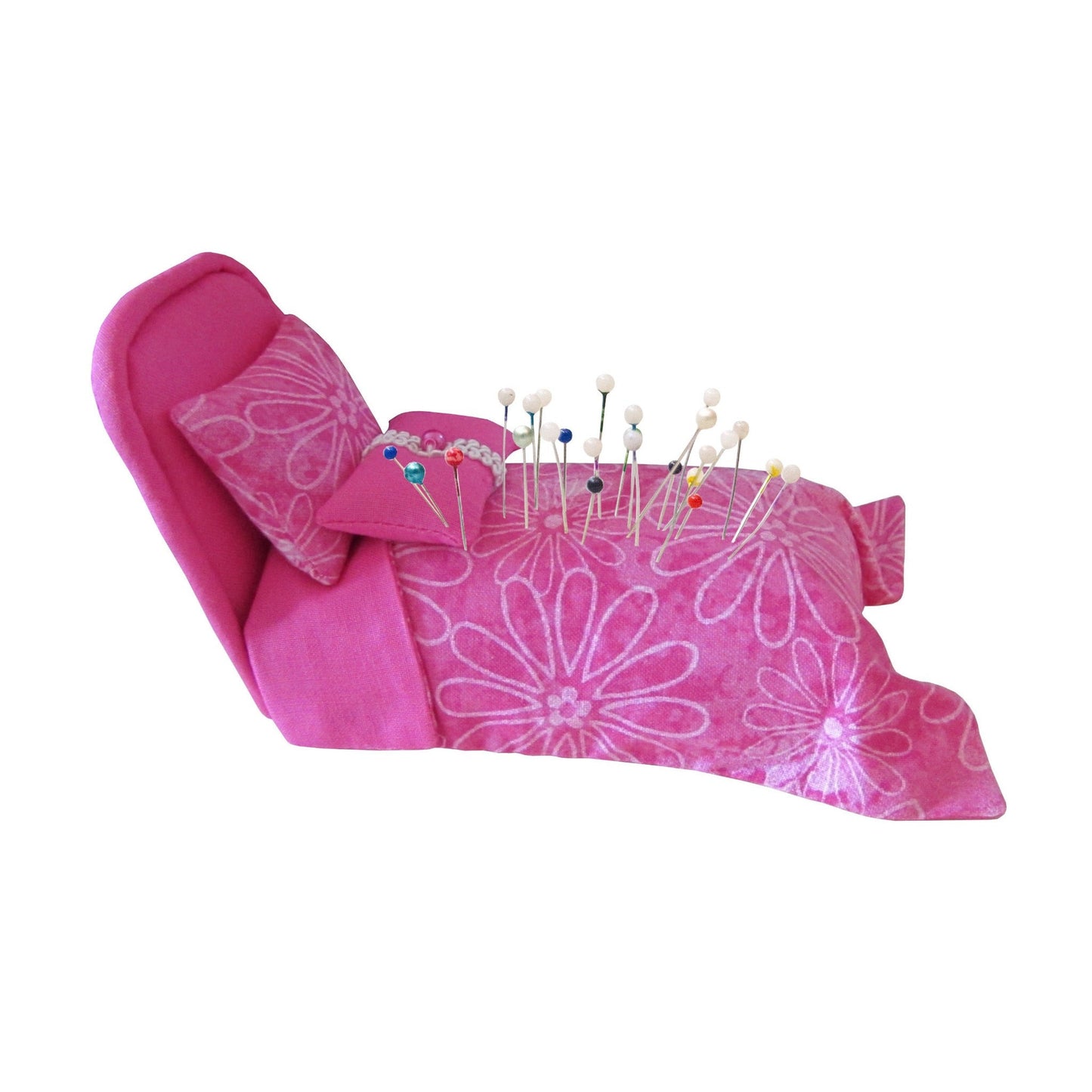 Pink Pincushion Bed with Floral Bedding Side view with pins