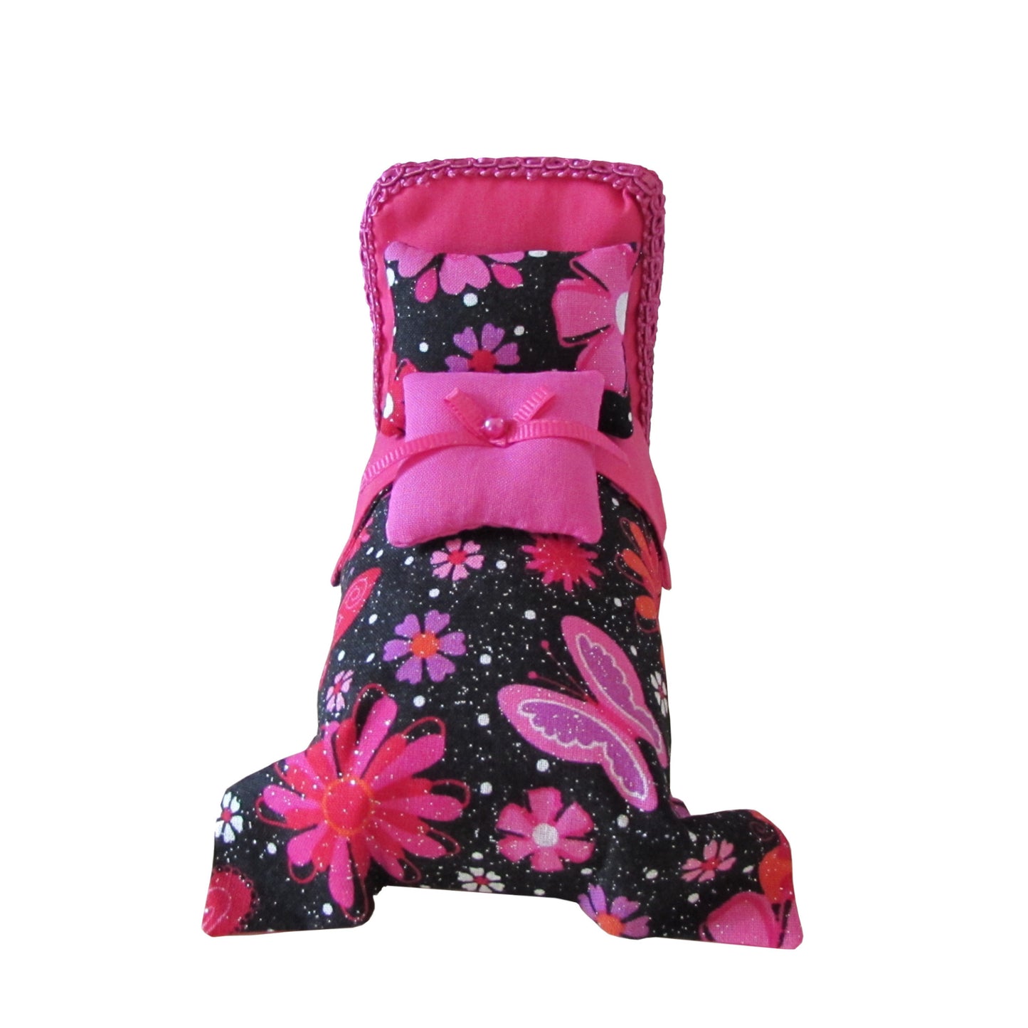 Pink Pincushion Bed with Metallic Butterfly Print Bedding Front view