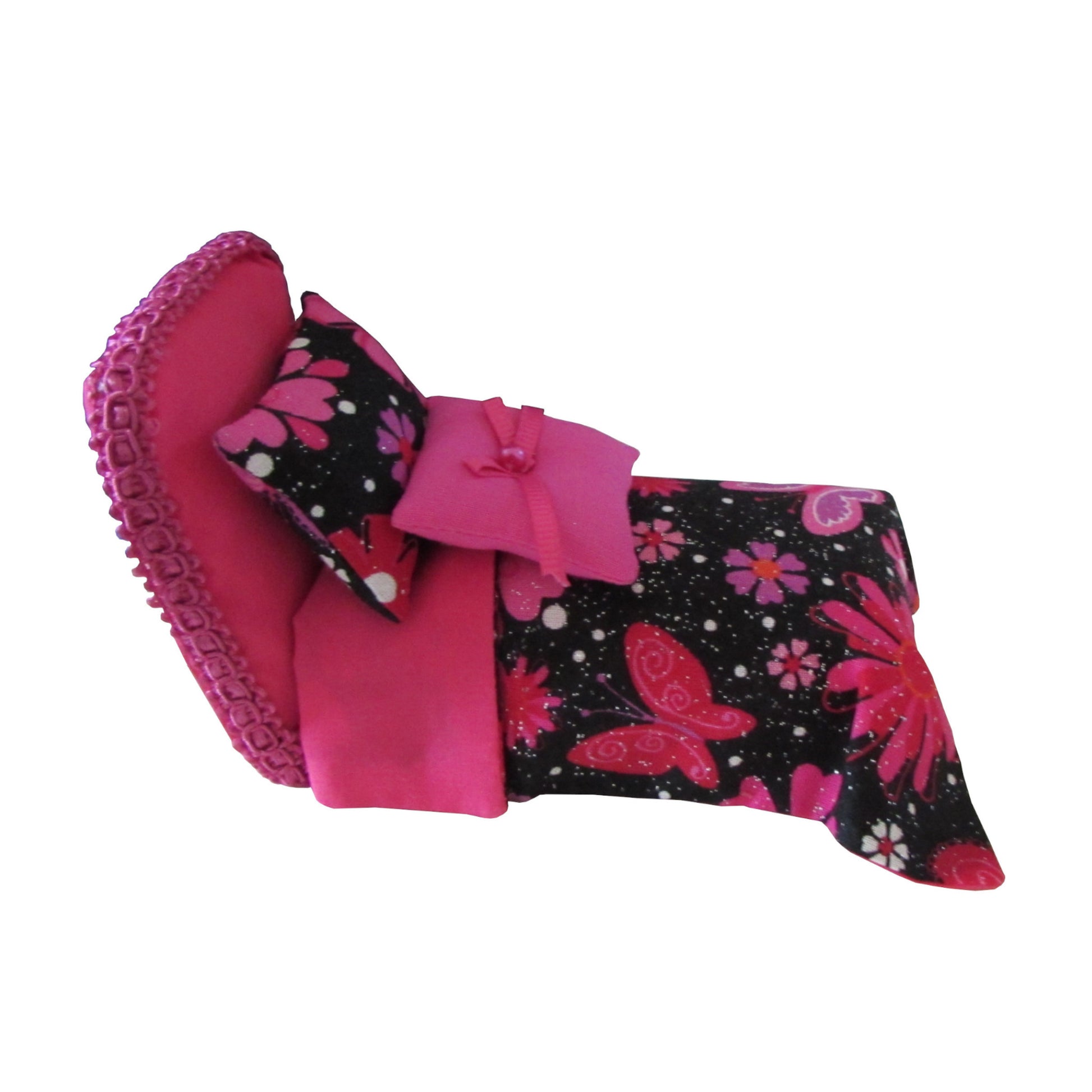Pink Pincushion Bed with Metallic Butterfly Print Bedding Side view