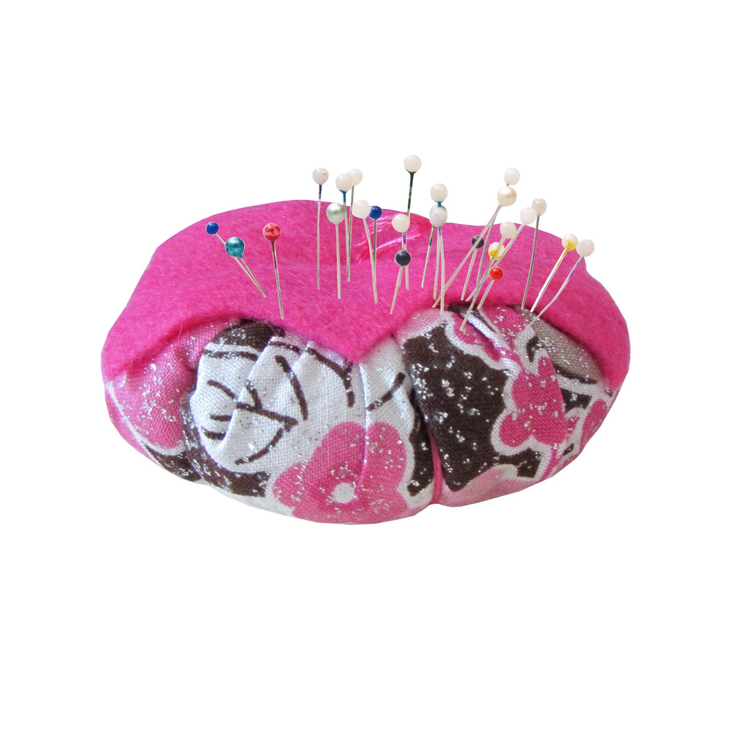 Pink Top Brown and Pink Floral Print Tomato Pincushion with pins