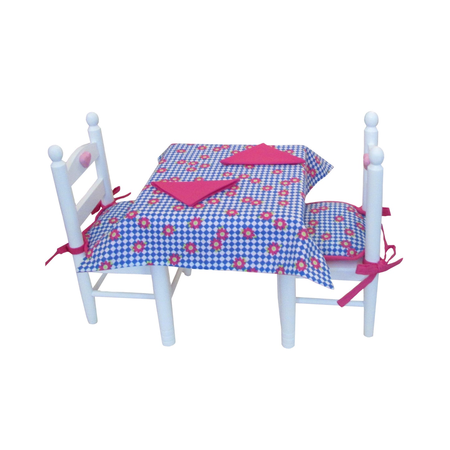 Pink and Blue Floral Doll Tablecloth, Doll Napkins, and Doll Chair Cushions for 18-inch dolls