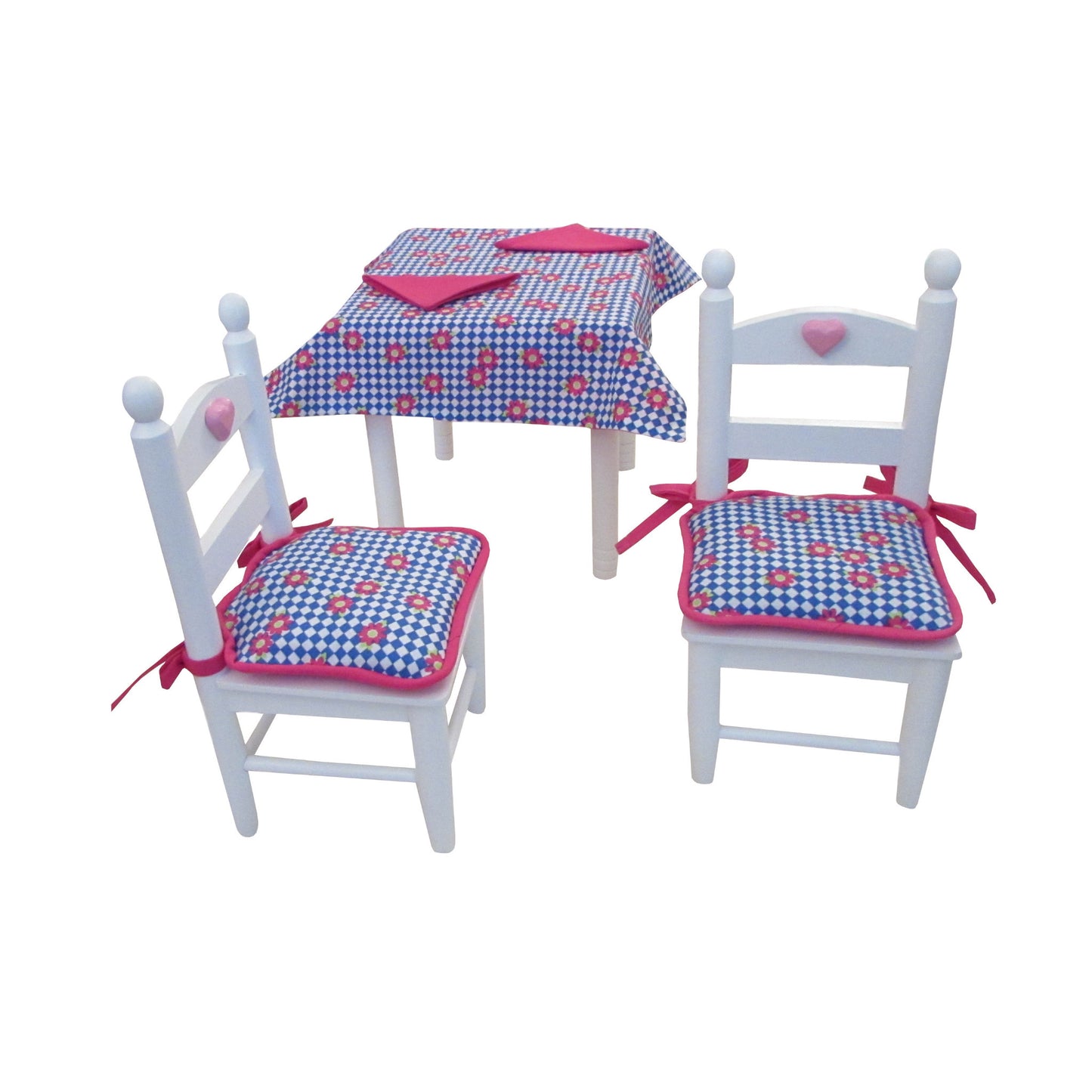 Pink and Blue Floral Doll Tablecloth, Doll Napkins, and Doll Chair Cushions for 18-inch dolls Second view