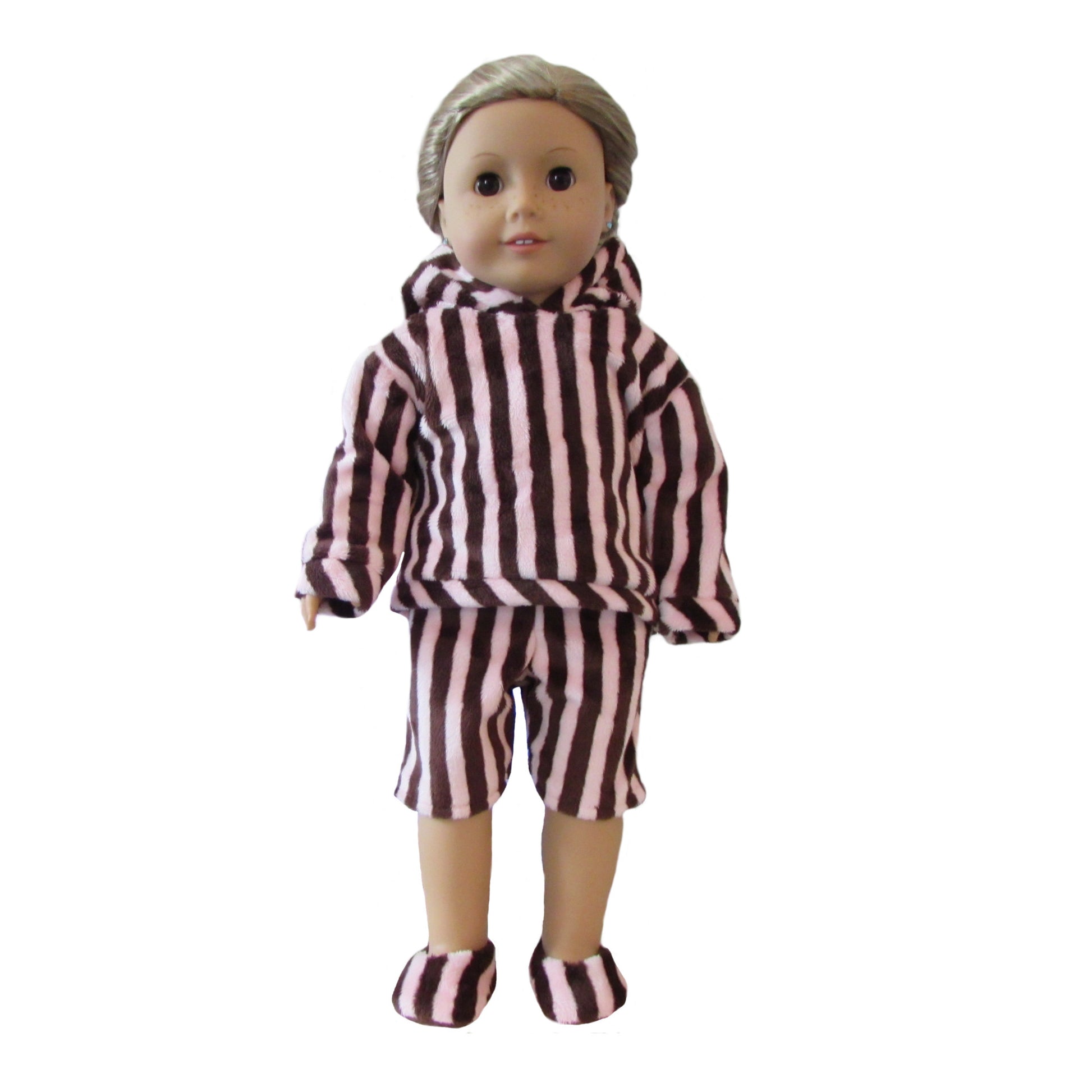 Pink and Brown Minky Cuddle Striped Doll Hoodie, Shorts, and Slippers for 18-inch dolls