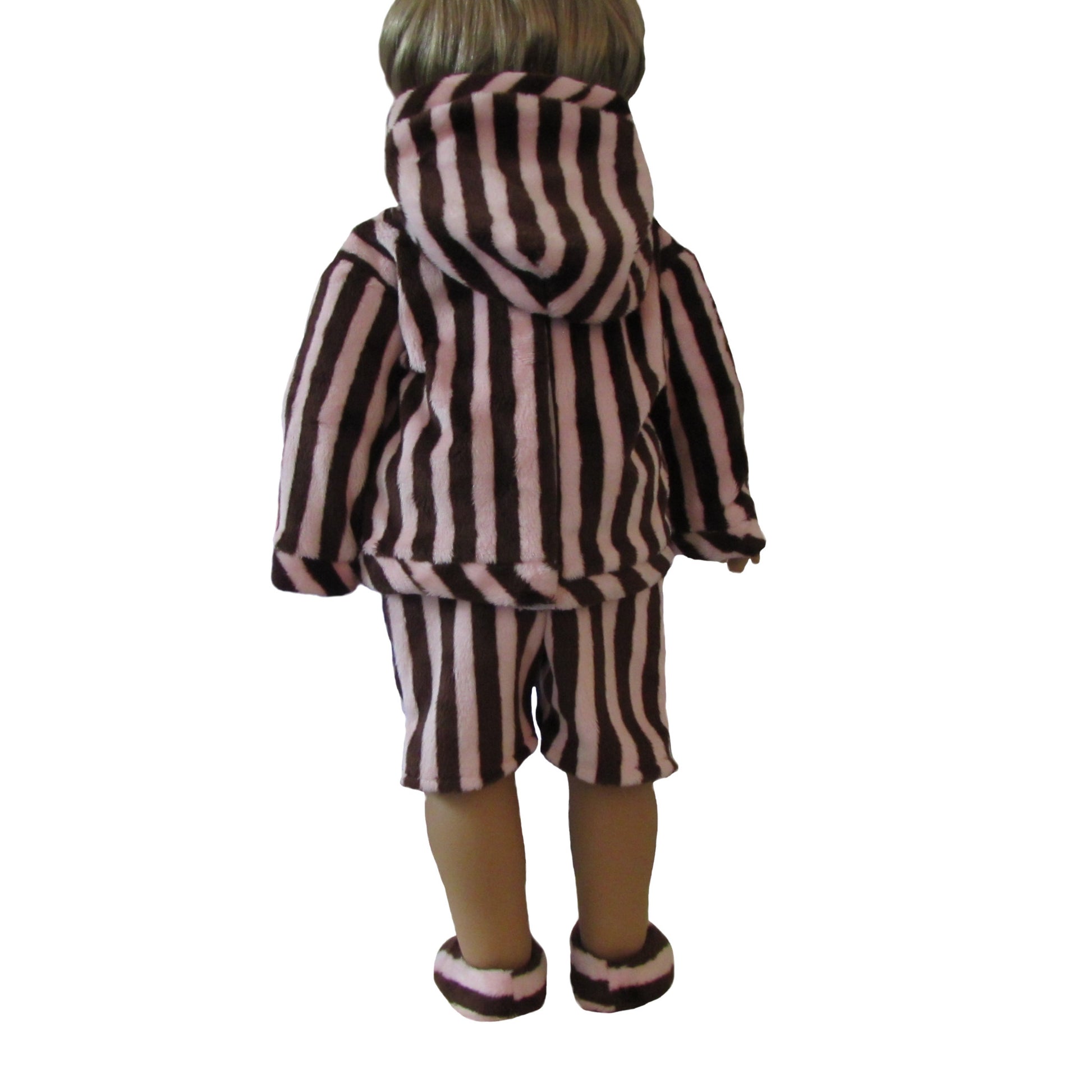 Pink and Brown Minky Cuddle Striped Doll Hoodies, Shorts, and Slippers for 18-inch dolls