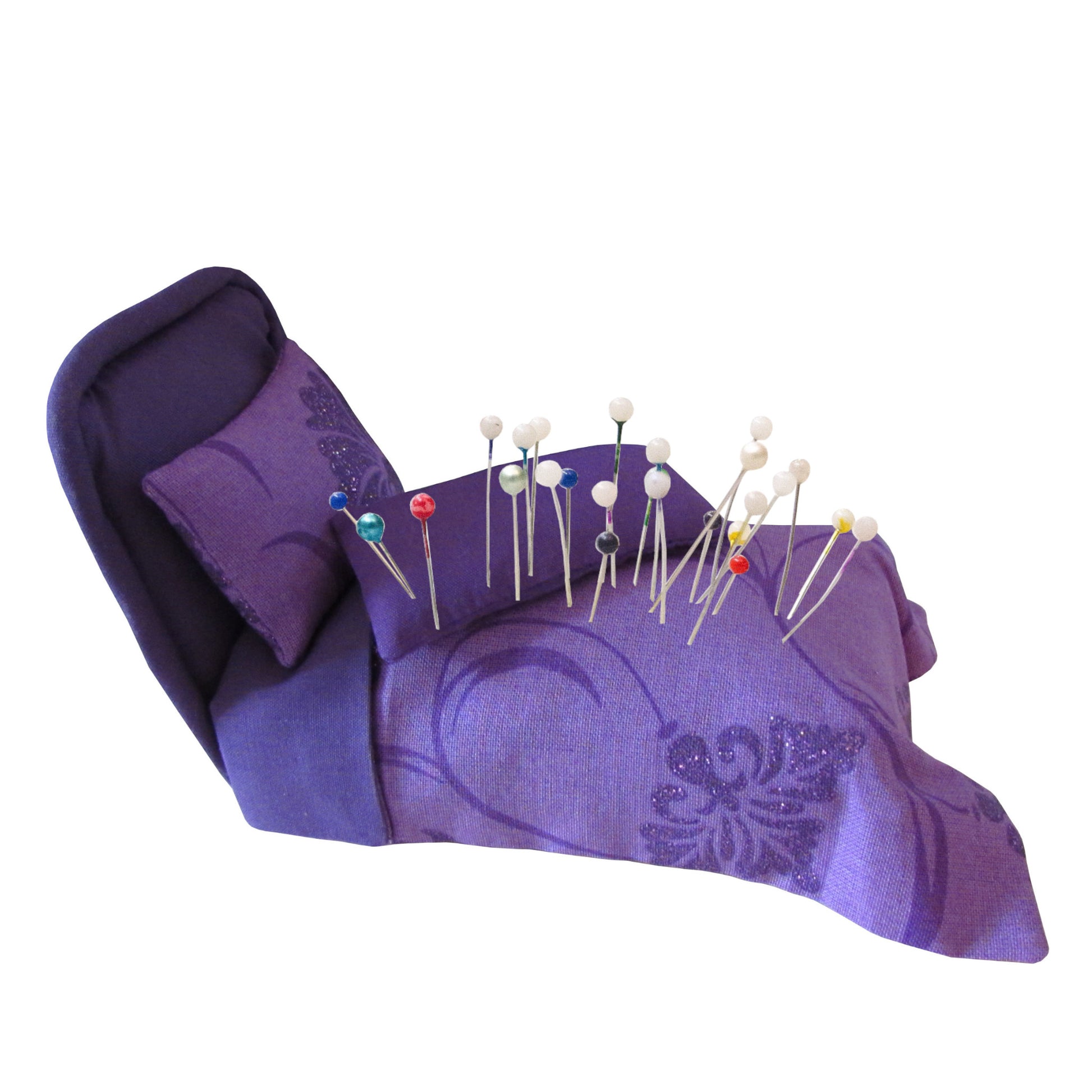 Purple Pincushion Bed with Floral Bedding Side view with pins