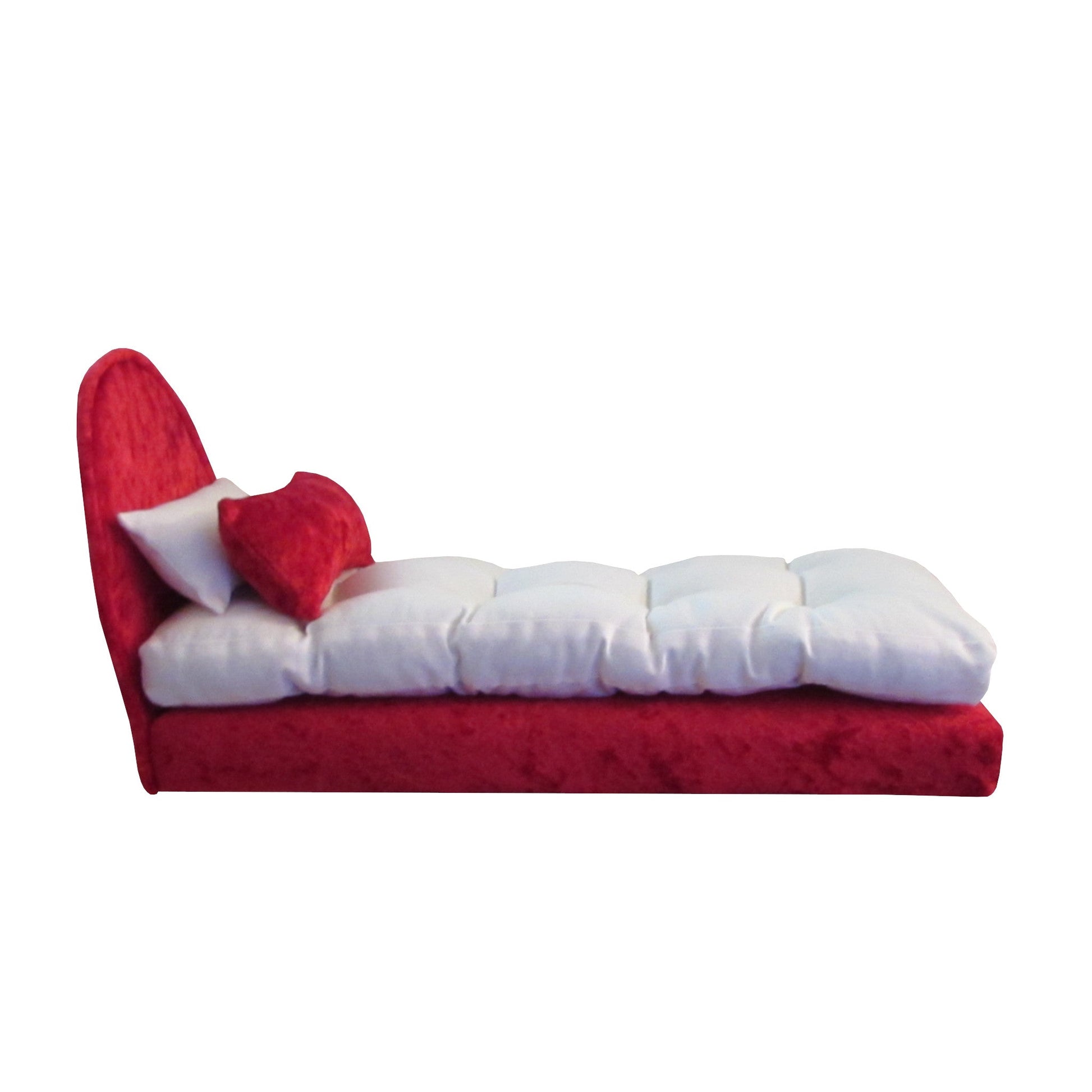 Red Crushed Velvet Doll Bed, Two Pillows, and Mattress for 11.5-inch and 12-inch dolls Side view
