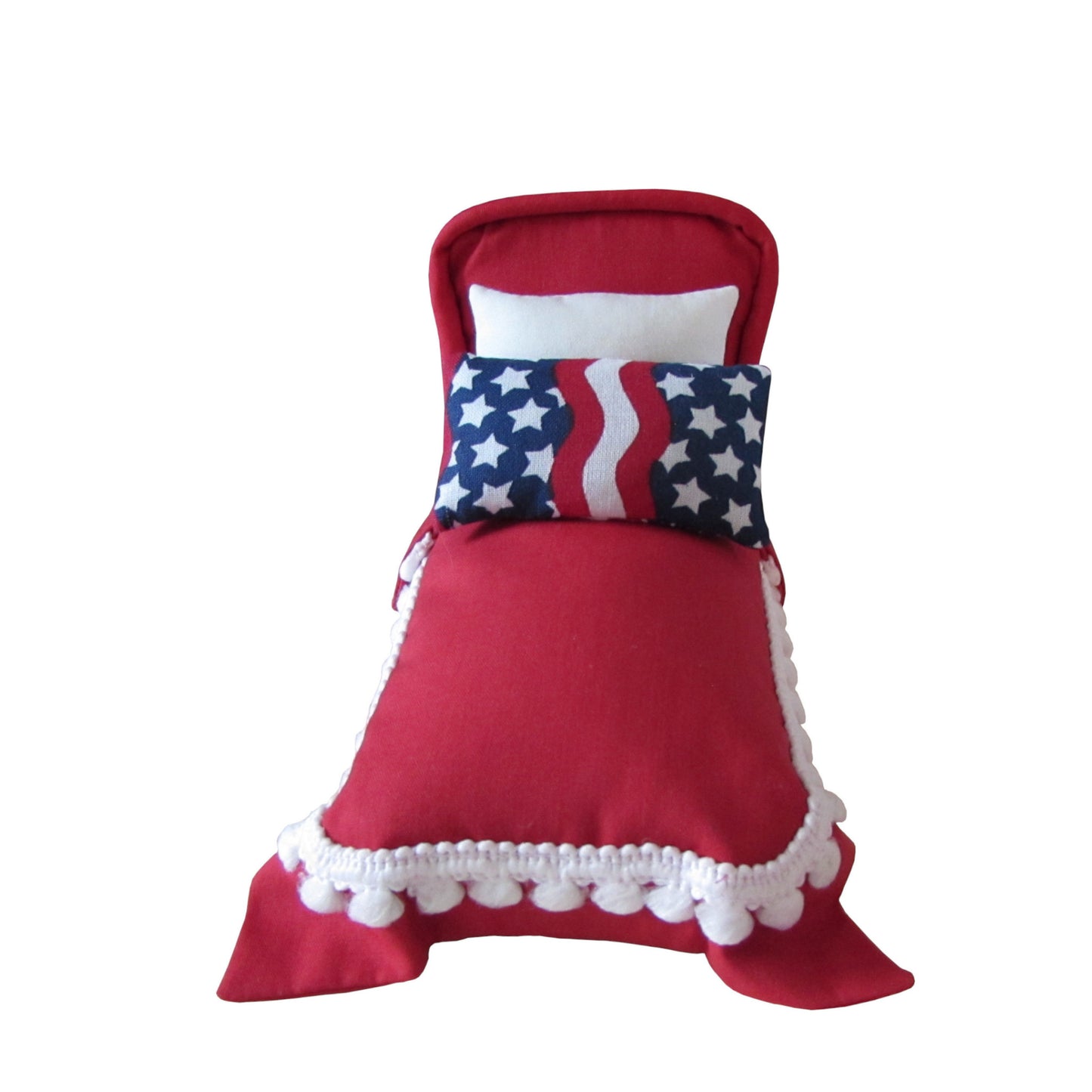 Red Pincushion Bed with Stars and Stripes Pillow Front view