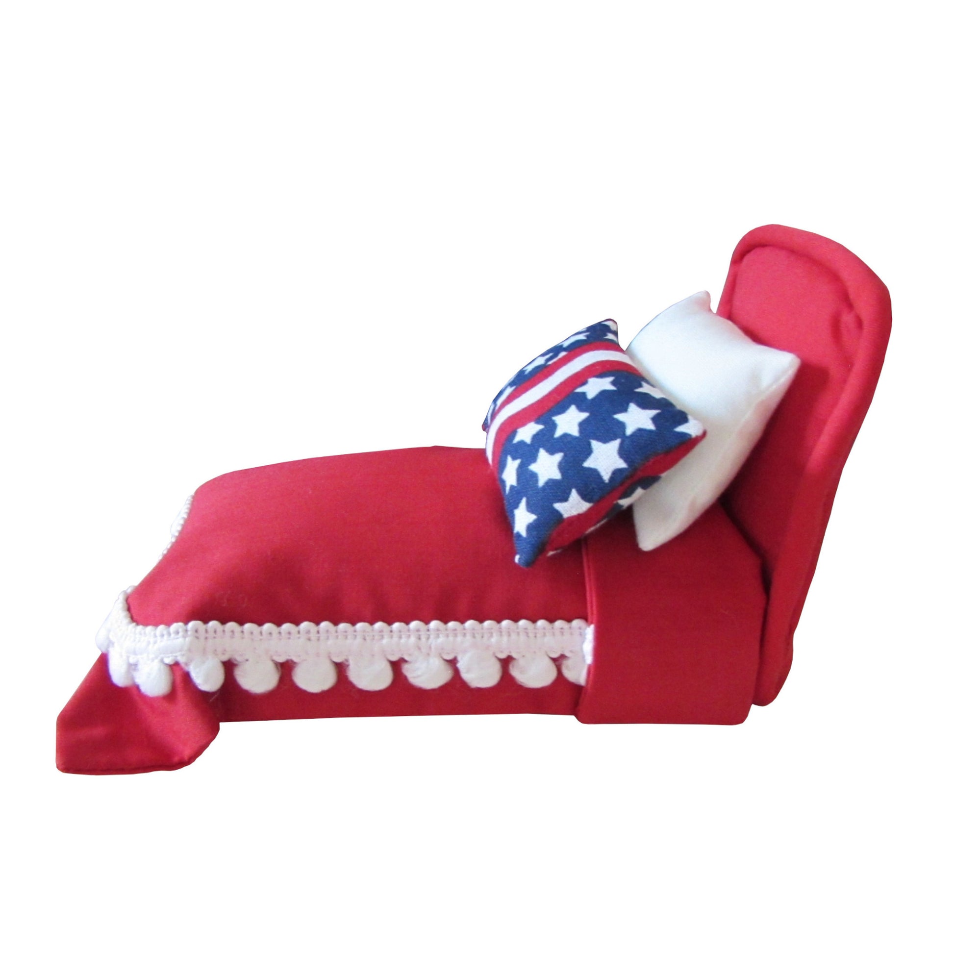 Red Pincushion Bed with Stars and Stripes Pillow Side view 2