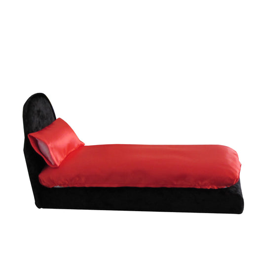 Red Satin Doll Fitted Sheet, Pillow, and Black Crushed Velvet Doll Bed for 11.5-inch and 12-inch dolls
