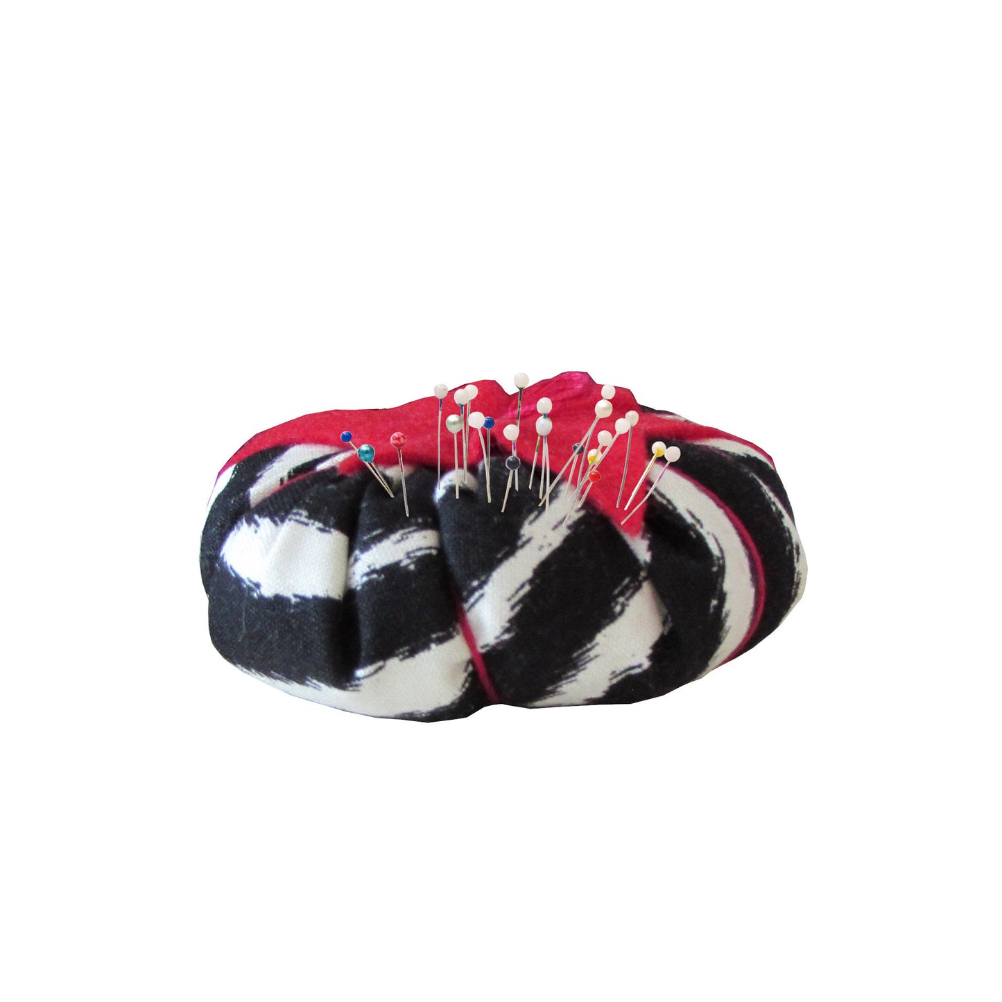 Red Top Zebra Print Pincushion with pins